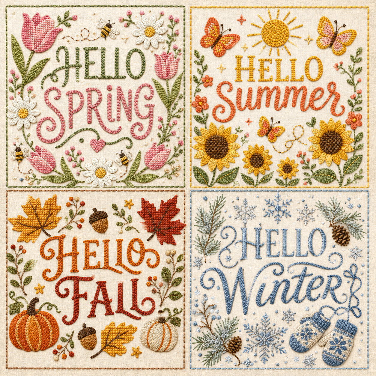 Hello Seasons cottagecore embroidery PNG bundle digital download
