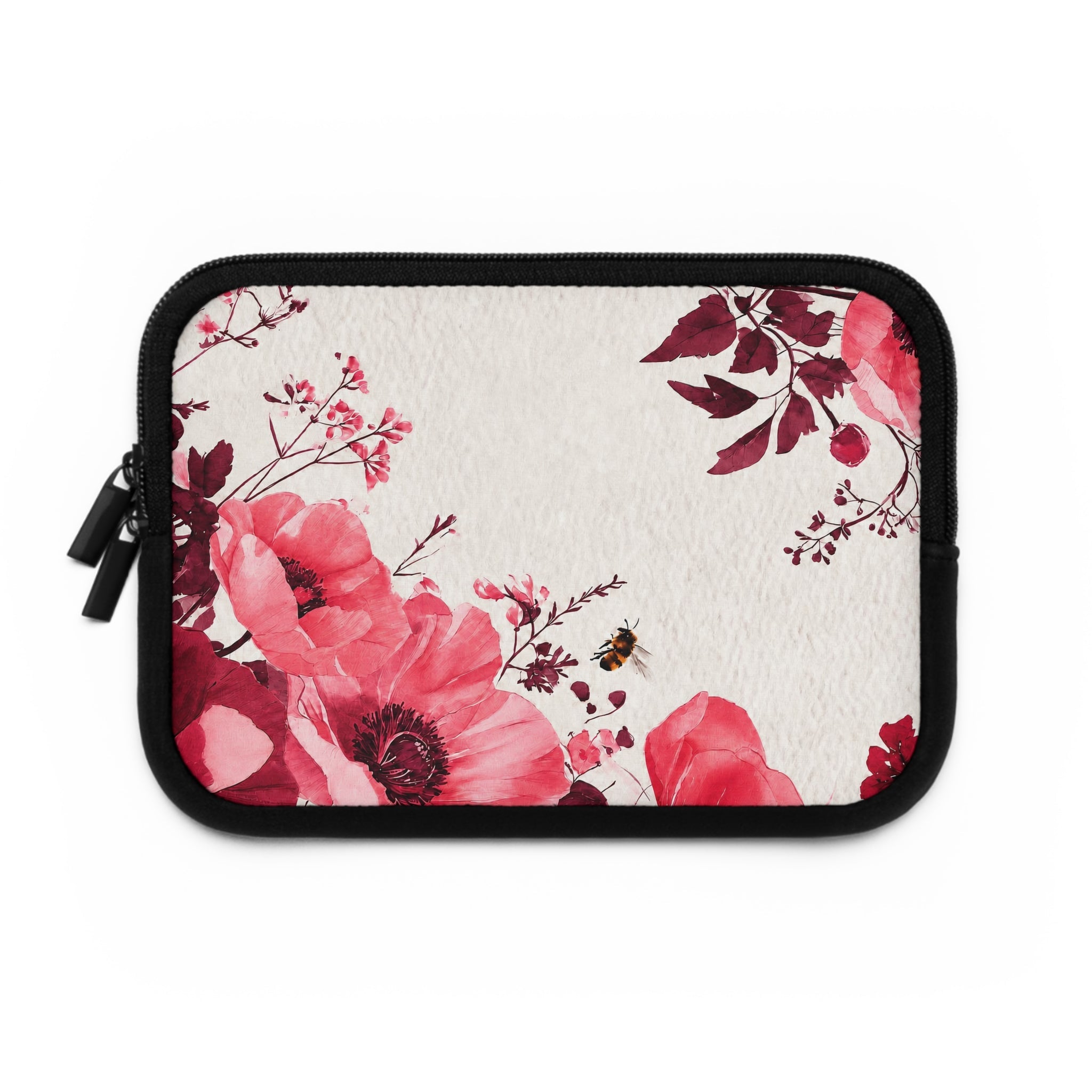 Pink poppy watercolor neoprene laptop sleeve with floral bee design