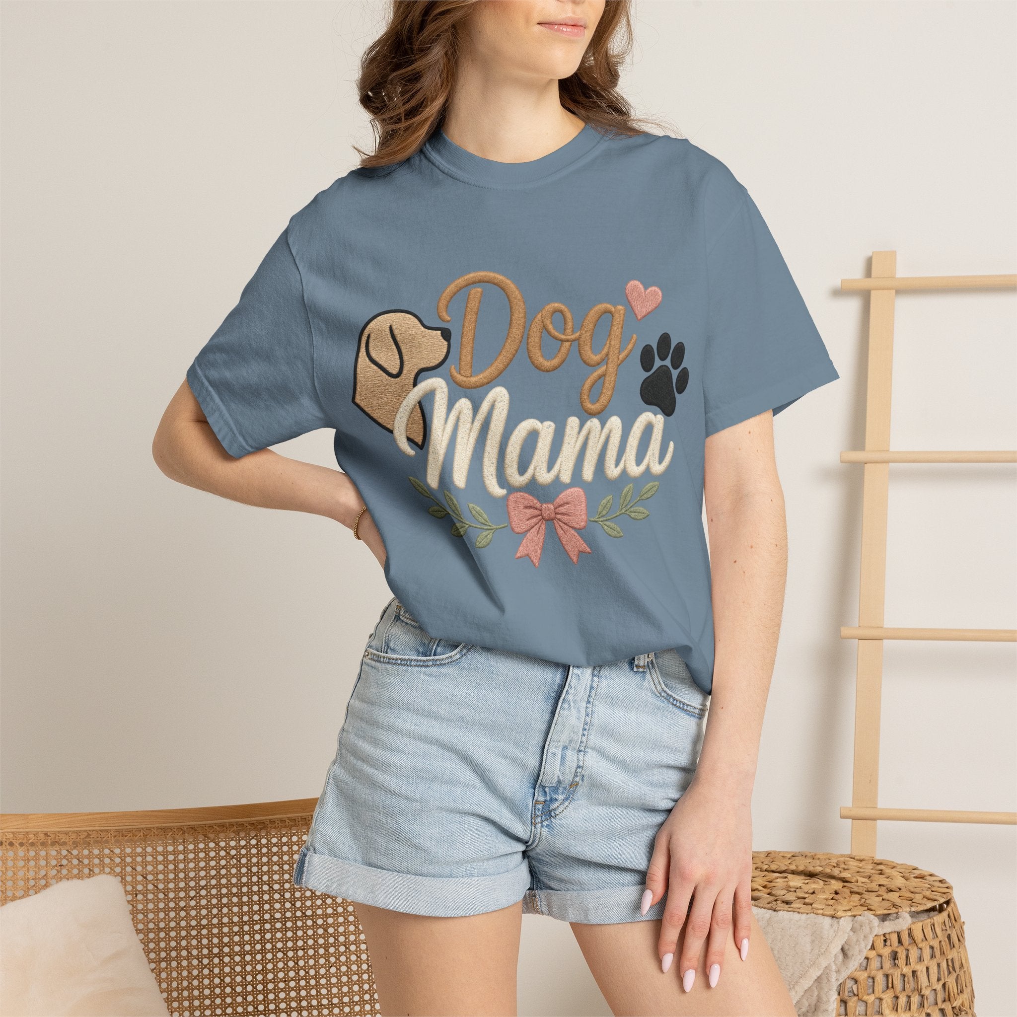 Dog Mama Paw Print embroidered patchwork T-shirt | Dog Mom Shirt