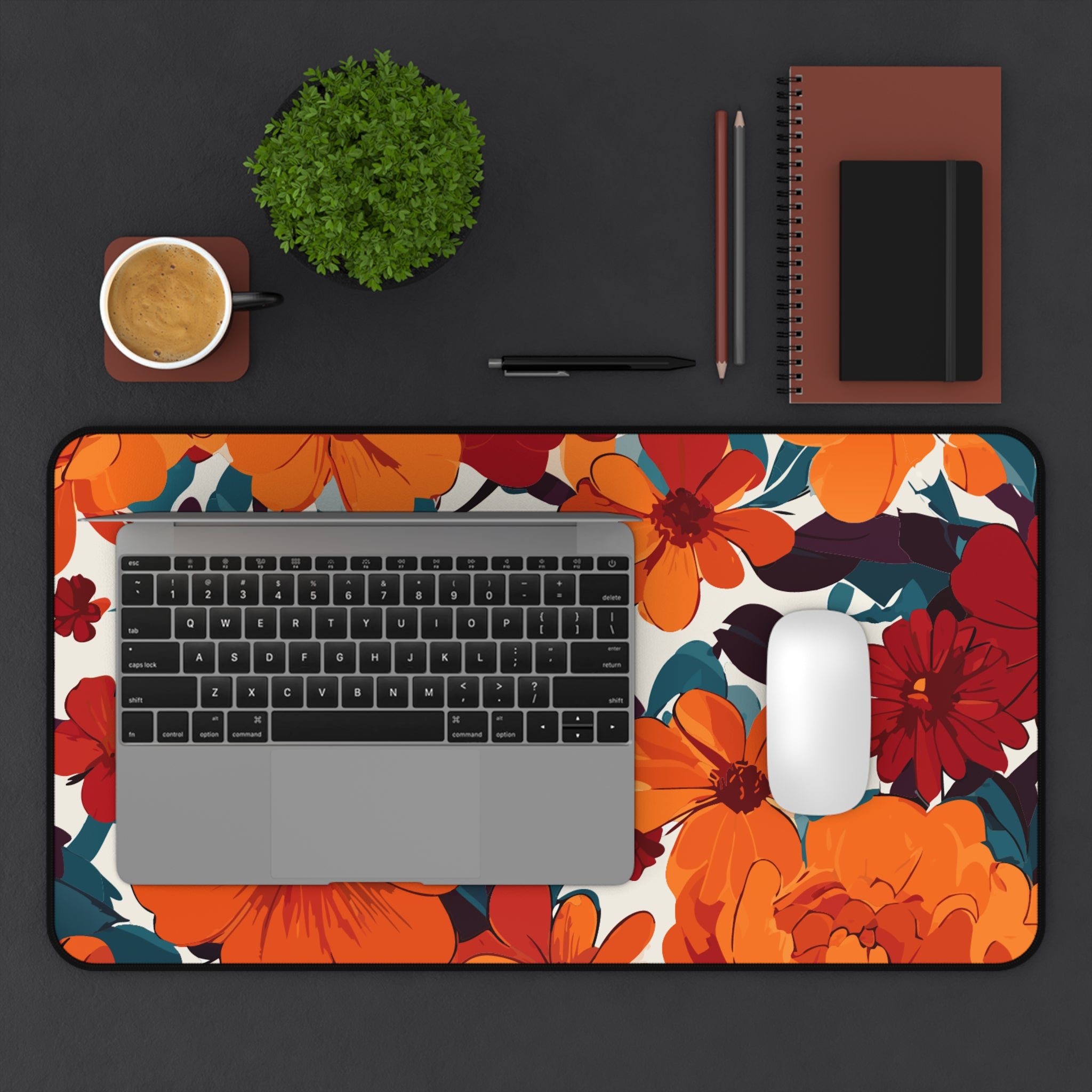 Vibrant Orange Floral Desk Mat | Retro Bloom Mouse Pad for Aesthetic Workspaces