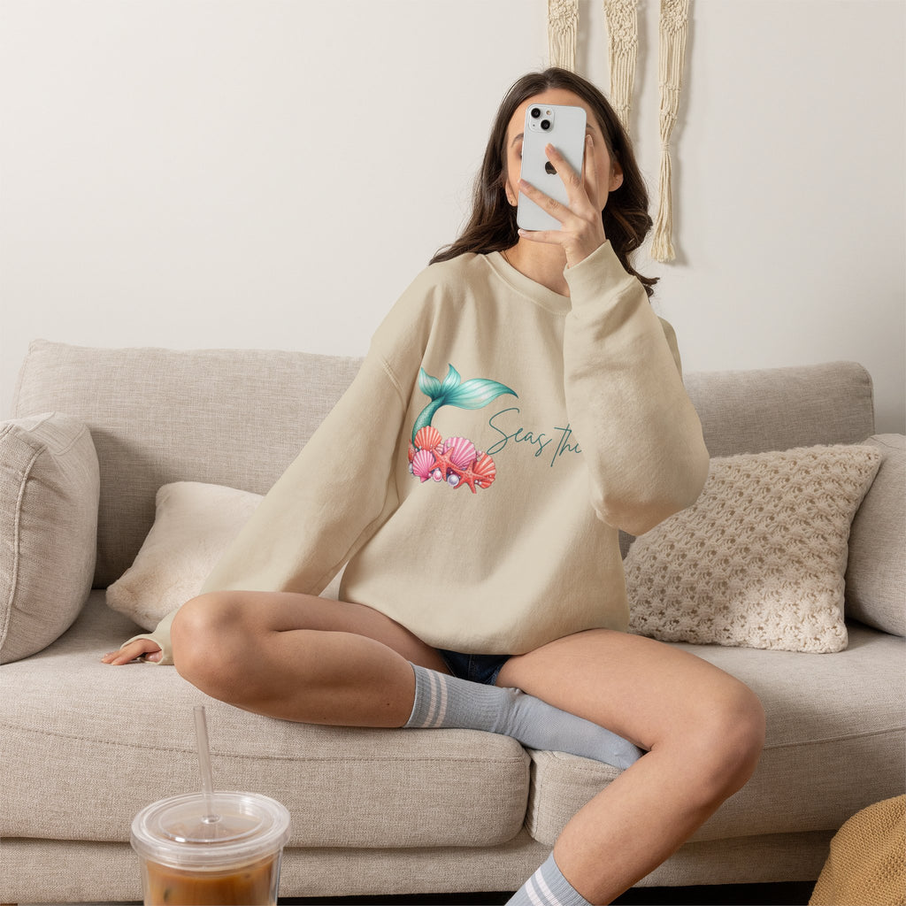 Seas the Day Mermaid Tail Sweatshirt — Coastal Beach Vibes with Seashells