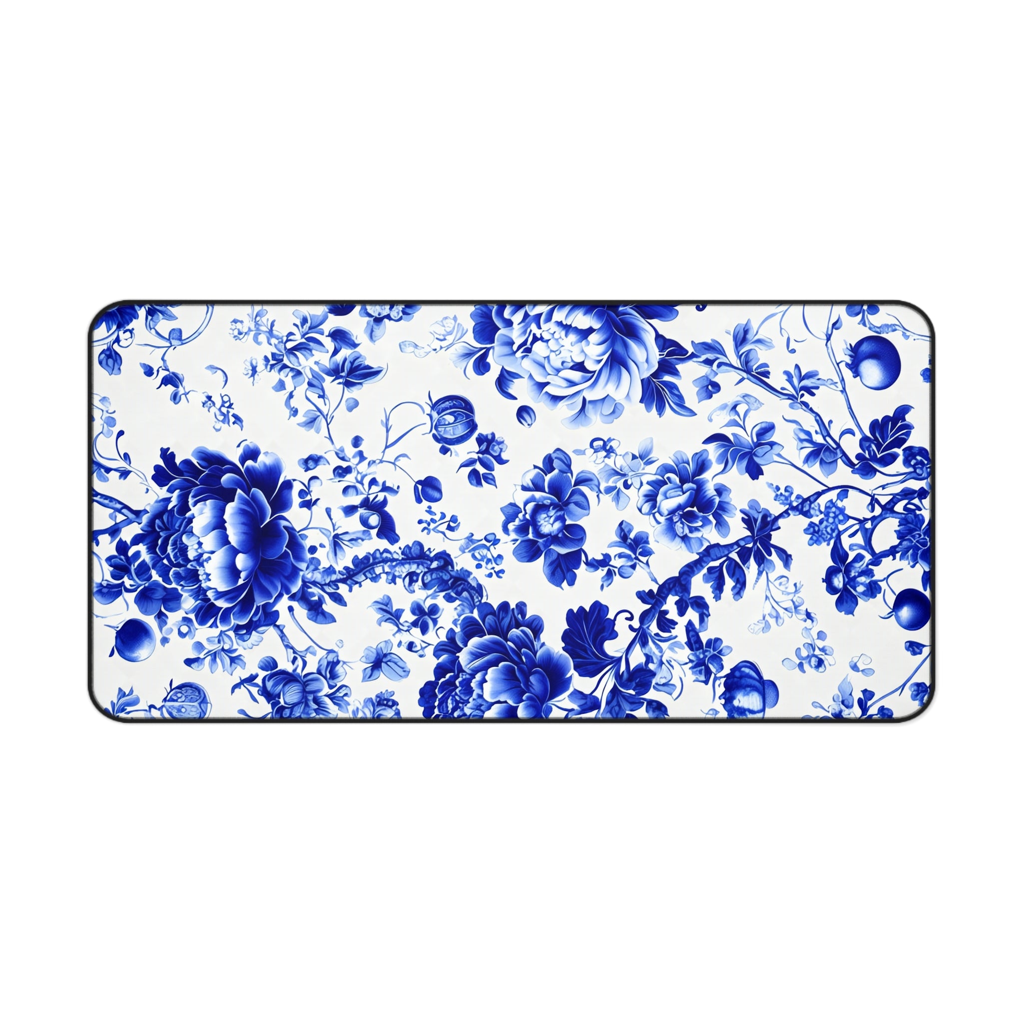 Blue Floral Porcelain Desk Mat, Vintage China Inspired Neoprene Desk Pad, Cottagecore Office Mouse Pad, Elegant Blue and White Workspace Mat