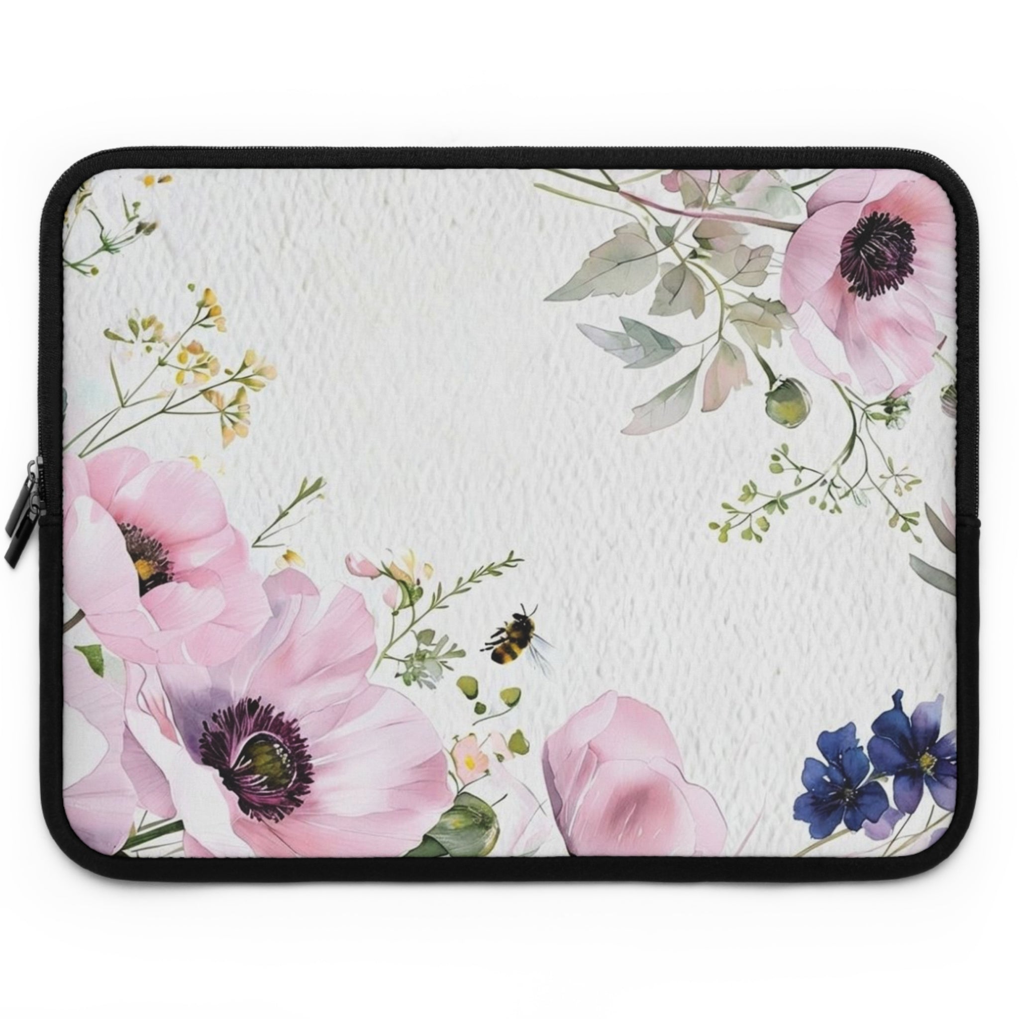 Pink Anemone Floral Laptop Sleeve | Watercolor Bee Tech Cover for Women