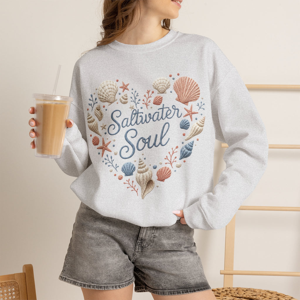 Saltwater Soul Heart Seashell Sweatshirt — Coastal Beach Shell Crewneck