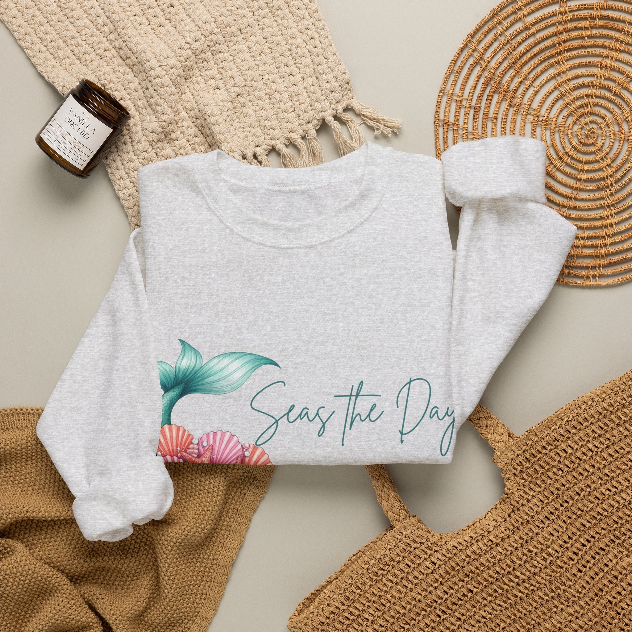 Seas the Day Mermaid Tail Sweatshirt — Coastal Beach Vibes with Seashells