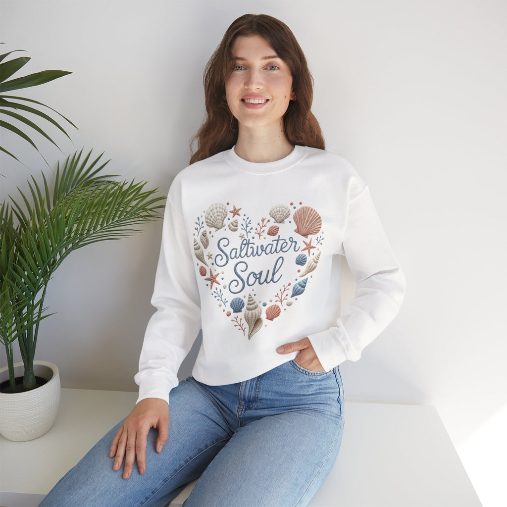 Saltwater Soul Heart Seashell Sweatshirt — Coastal Beach Shell Crewneck