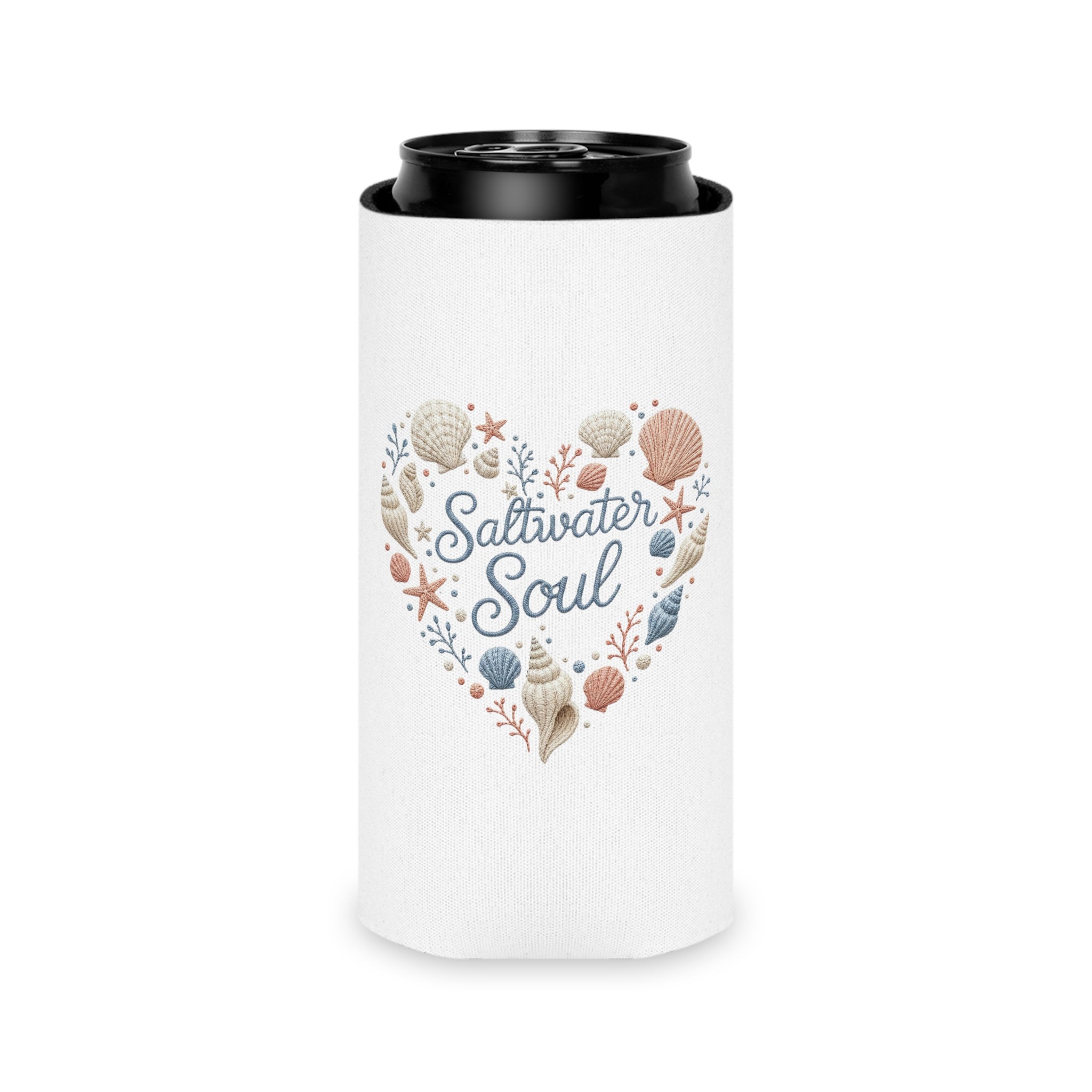 Saltwater Soul Can Cooler | Beach Shell Heart Design