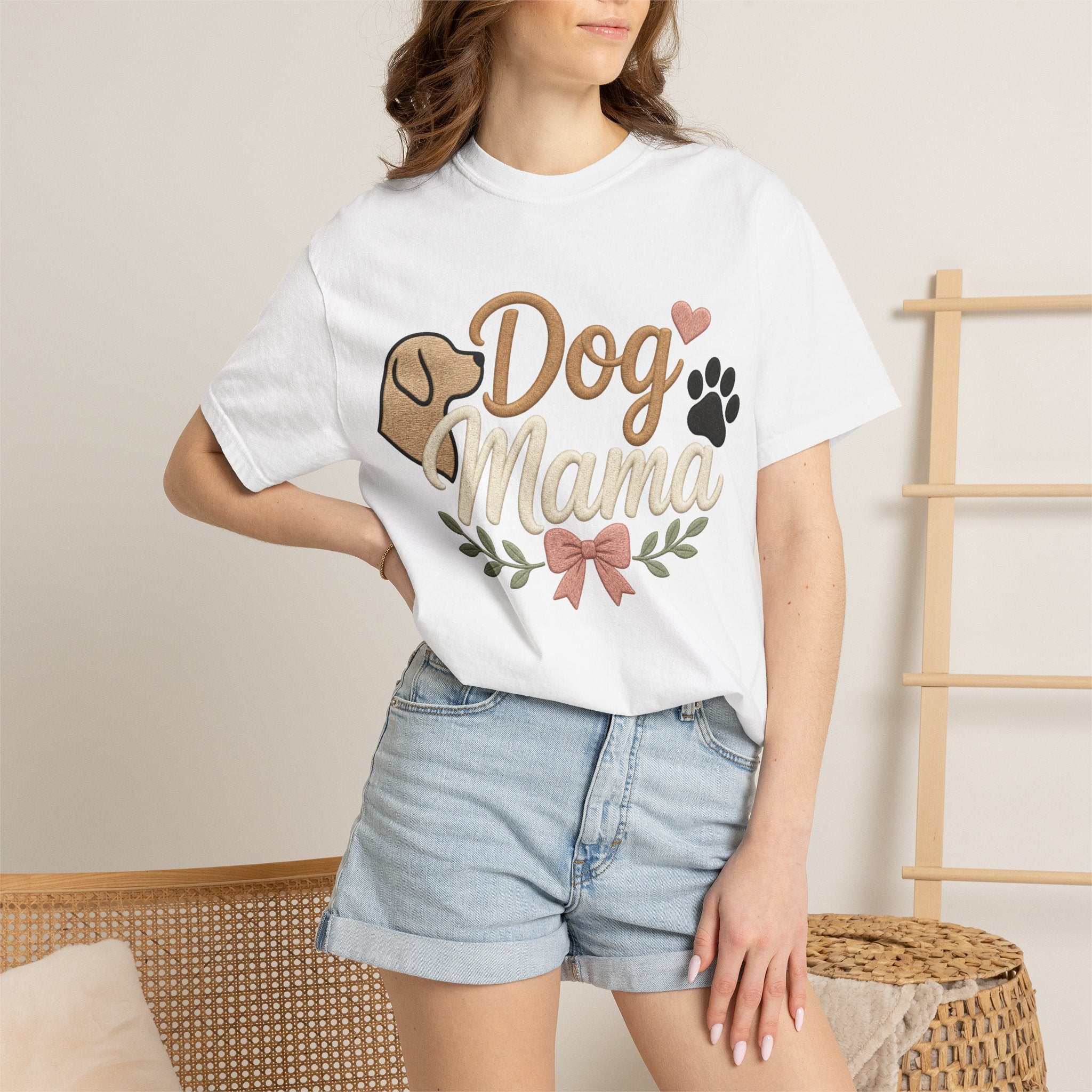 Dog Mama Paw Print embroidered patchwork T-shirt | Dog Mom Shirt