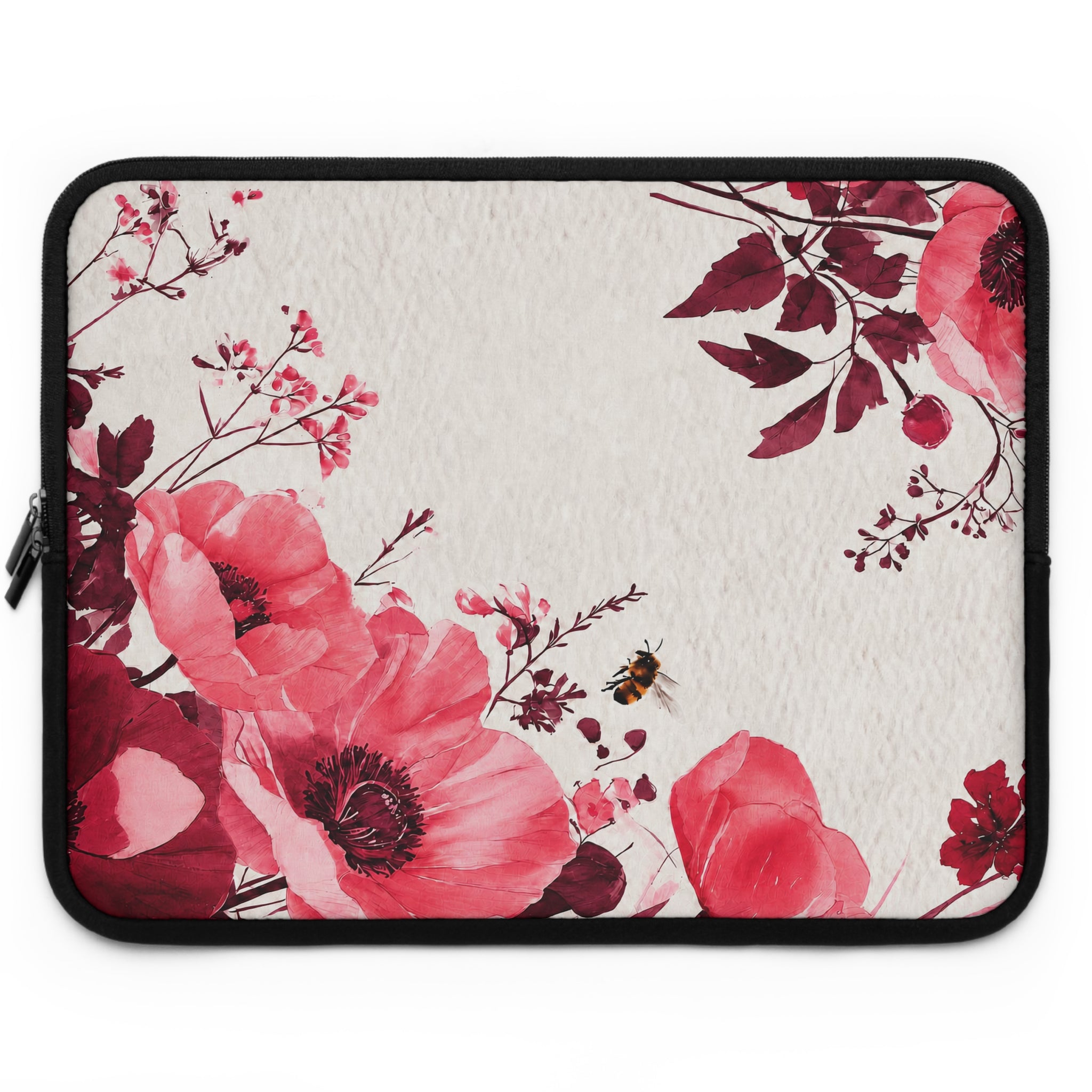 Pink Poppy Watercolor Laptop Sleeve | Floral Bee Tech Cover for Women