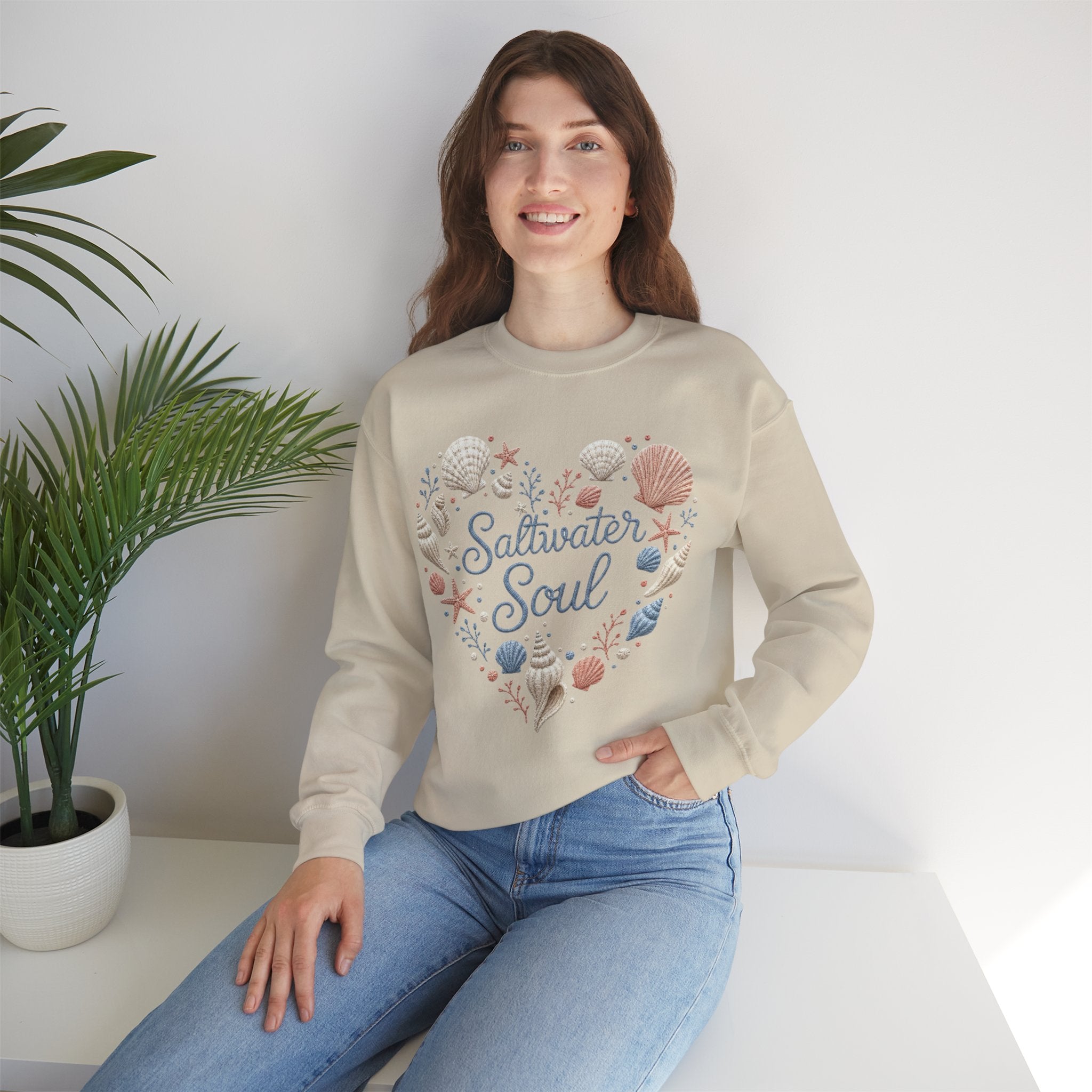 Saltwater Soul Heart Seashell Sweatshirt — Coastal Beach Shell Crewneck