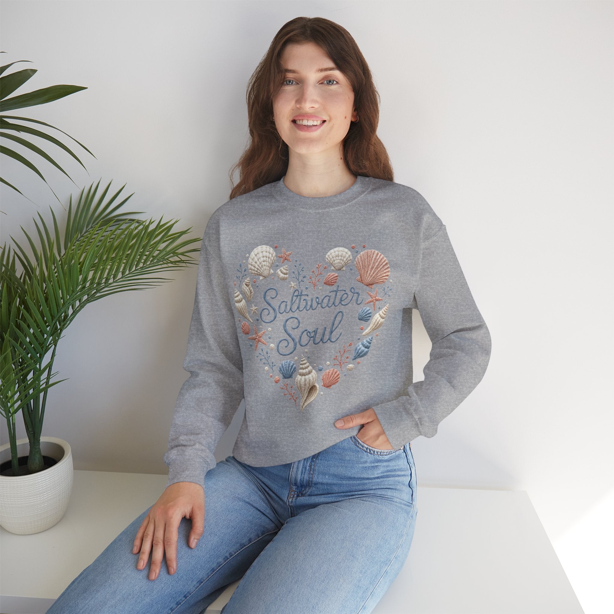 Saltwater Soul Heart Seashell Sweatshirt — Coastal Beach Shell Crewneck