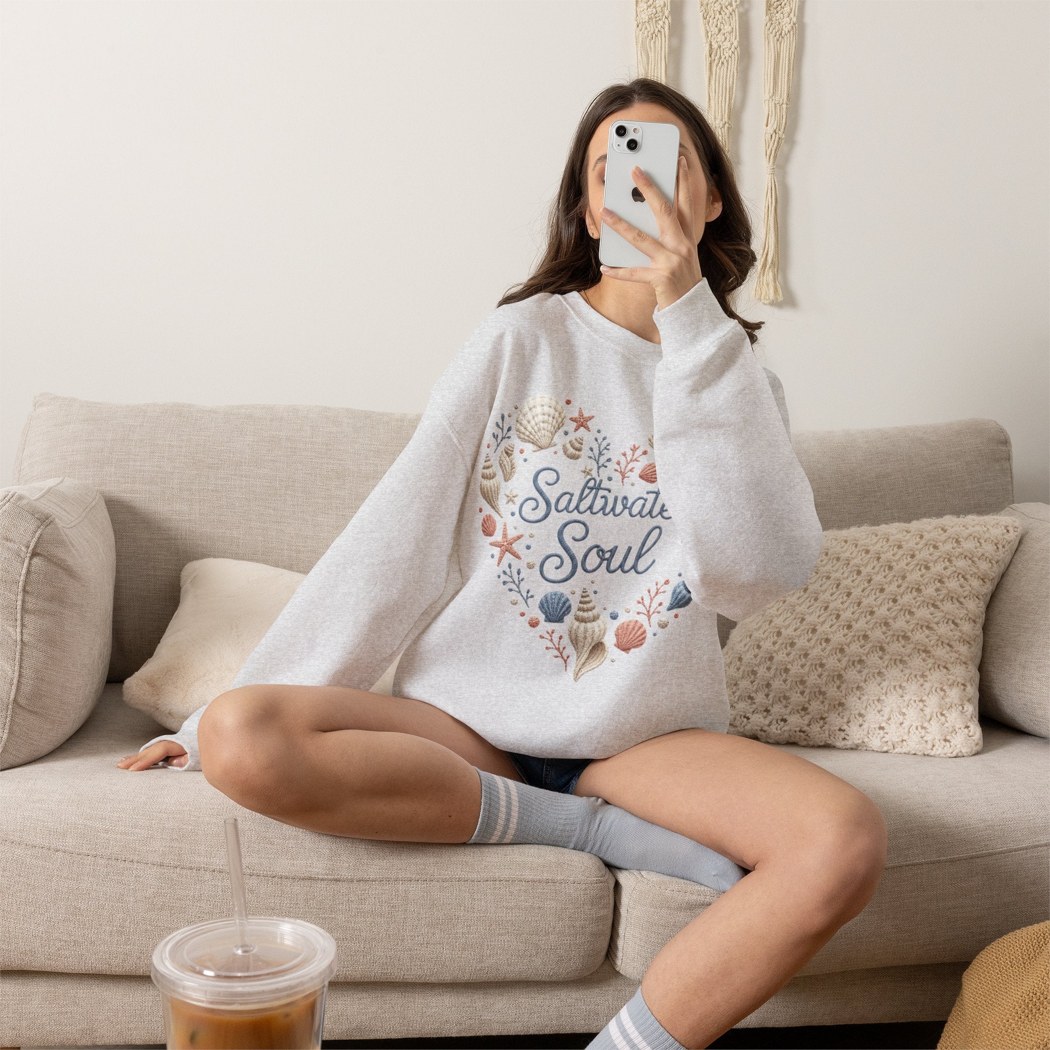 Saltwater Soul Heart Seashell Sweatshirt — Coastal Beach Shell Crewneck