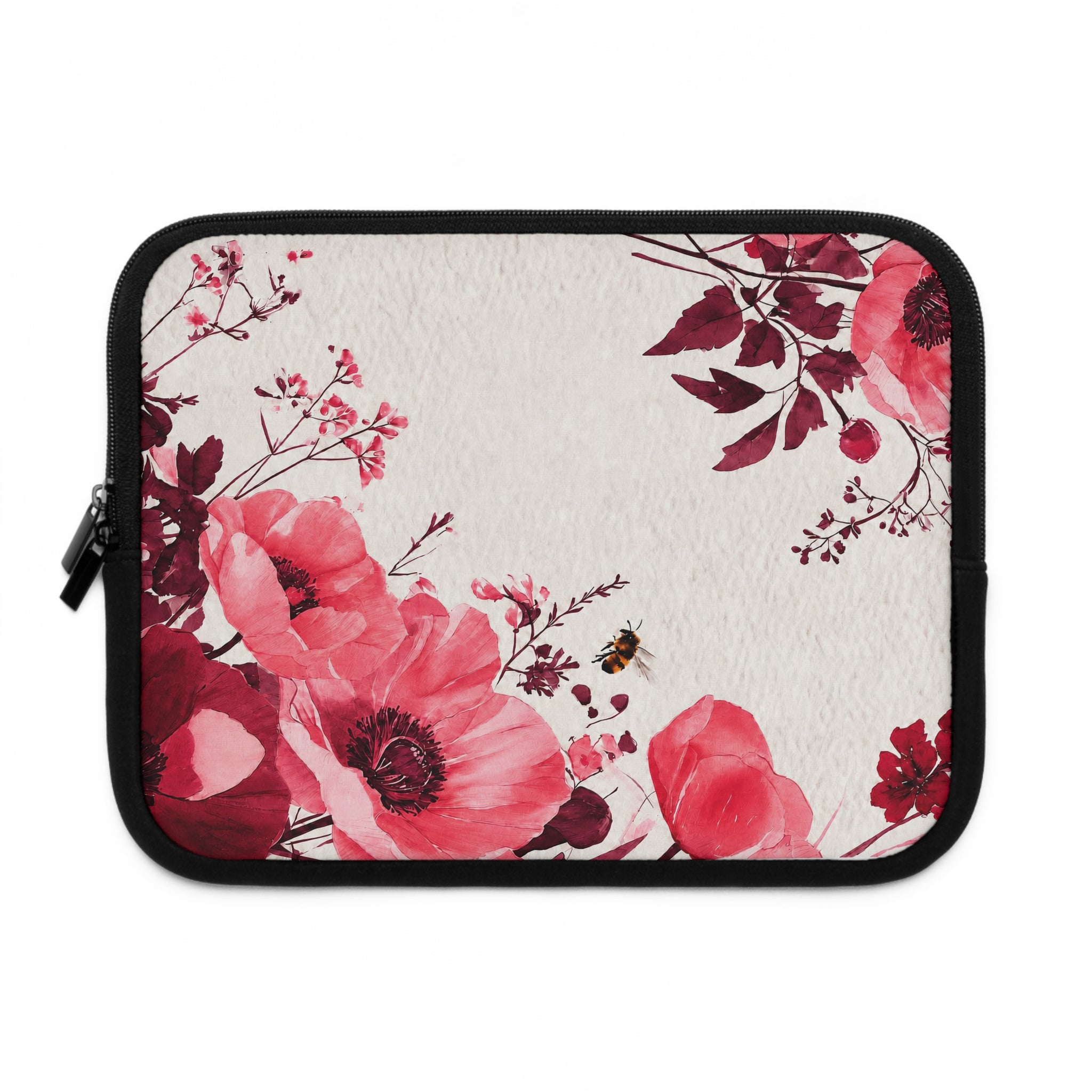 Pink Poppy Watercolor Laptop Sleeve | Floral Bee Tech Cover for Women