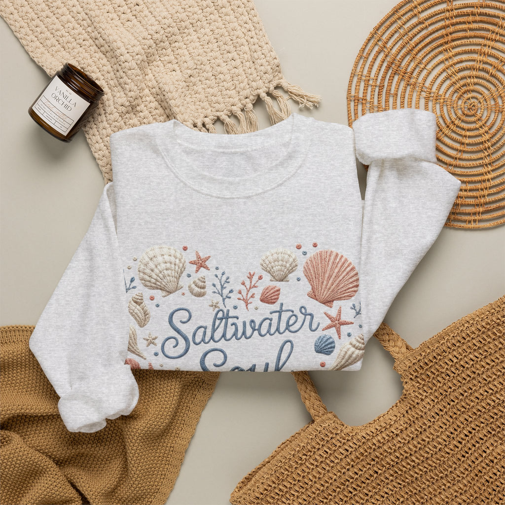 Saltwater Soul Heart Seashell Sweatshirt — Coastal Beach Shell Crewneck