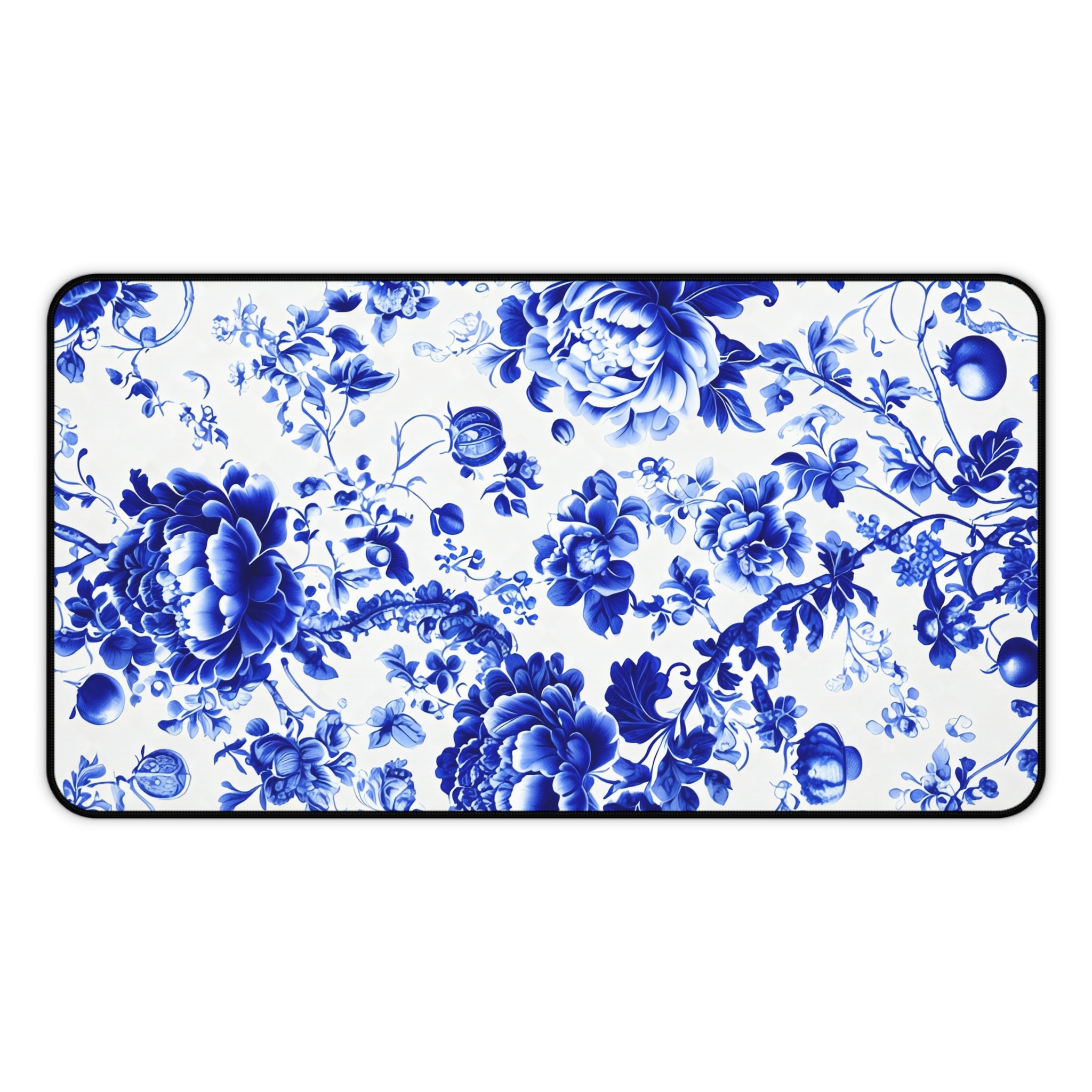Blue Floral Porcelain Desk Mat, Vintage China Inspired Neoprene Desk Pad, Cottagecore Office Mouse Pad, Elegant Blue and White Workspace Mat
