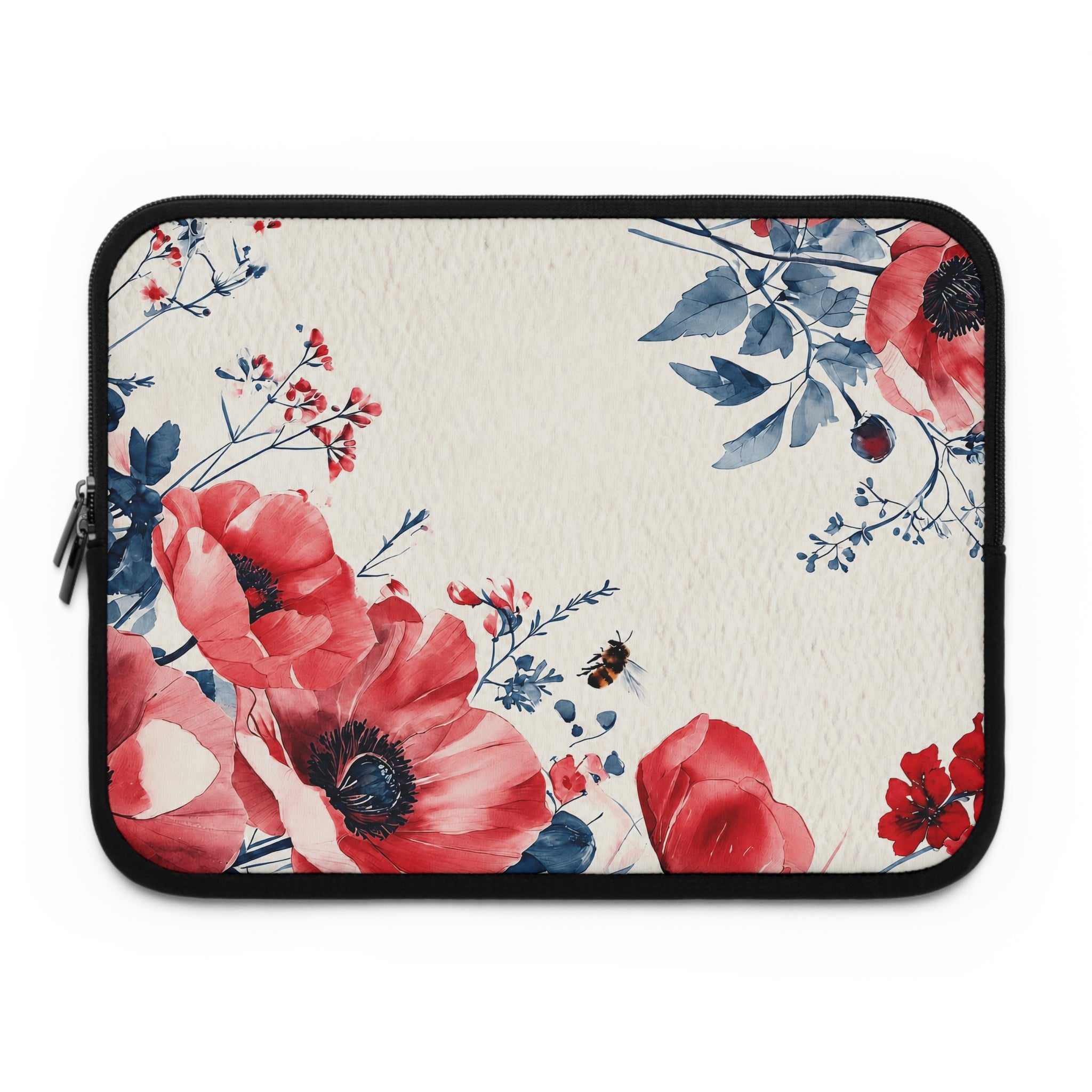 Red Poppy Watercolor Laptop Sleeve | Floral Bee Botanical Tech Cover