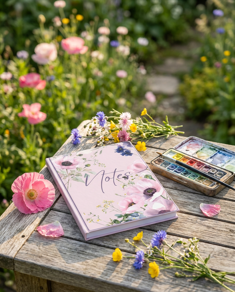 Pink Wildflower Cottagecore Ruled Notebook | Stationery Gift | Pretty Notes Journal