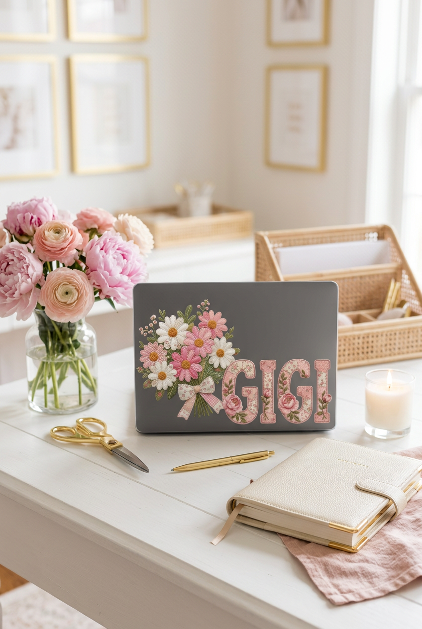 Personalized Gigi Laptop Sleeve | Floral Laptop Case for Grandma | Pink Patchwork Grandmother Gift | Custom Gigi Computer Sleeve