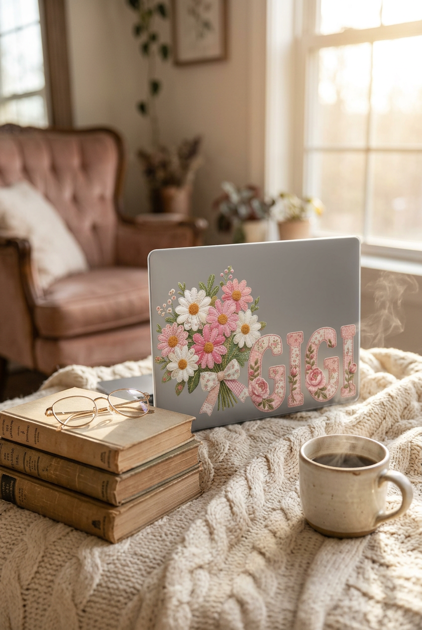 Personalized Gigi Laptop Sleeve | Floral Laptop Case for Grandma | Pink Patchwork Grandmother Gift | Custom Gigi Computer Sleeve