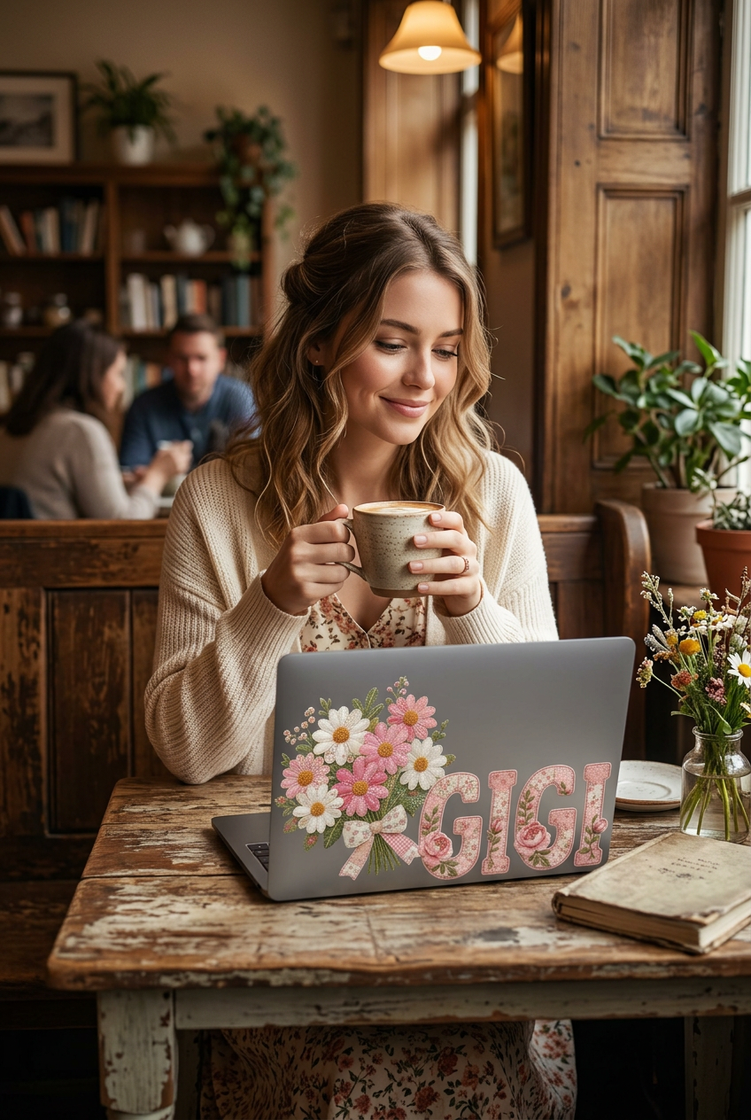 Personalized Gigi Laptop Sleeve | Floral Laptop Case for Grandma | Pink Patchwork Grandmother Gift | Custom Gigi Computer Sleeve