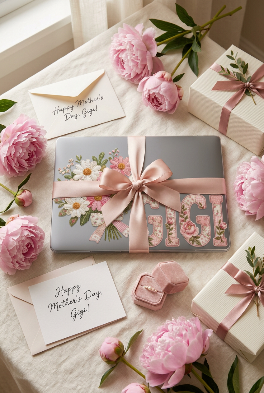 Personalized Gigi Laptop Sleeve | Floral Laptop Case for Grandma | Pink Patchwork Grandmother Gift | Custom Gigi Computer Sleeve