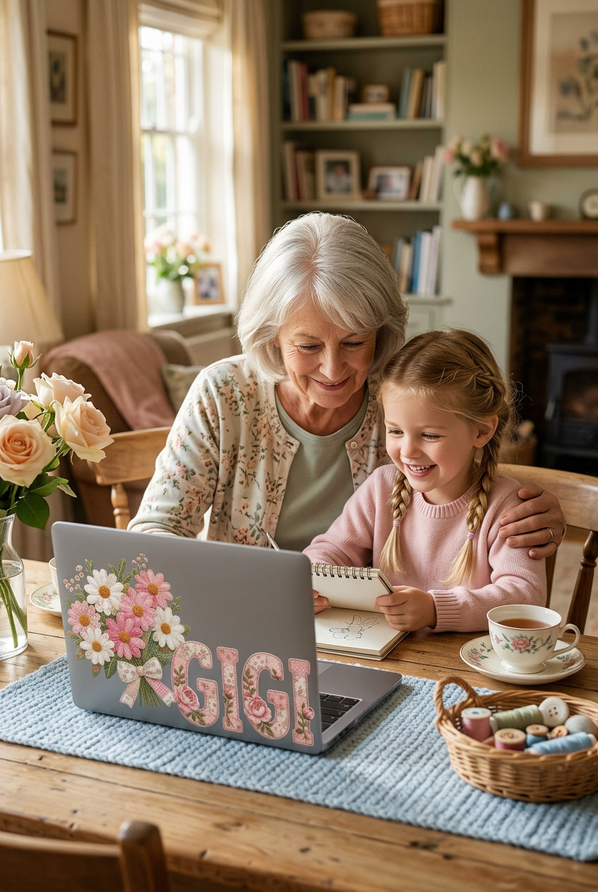 Personalized Gigi Laptop Sleeve | Floral Laptop Case for Grandma | Pink Patchwork Grandmother Gift | Custom Gigi Computer Sleeve