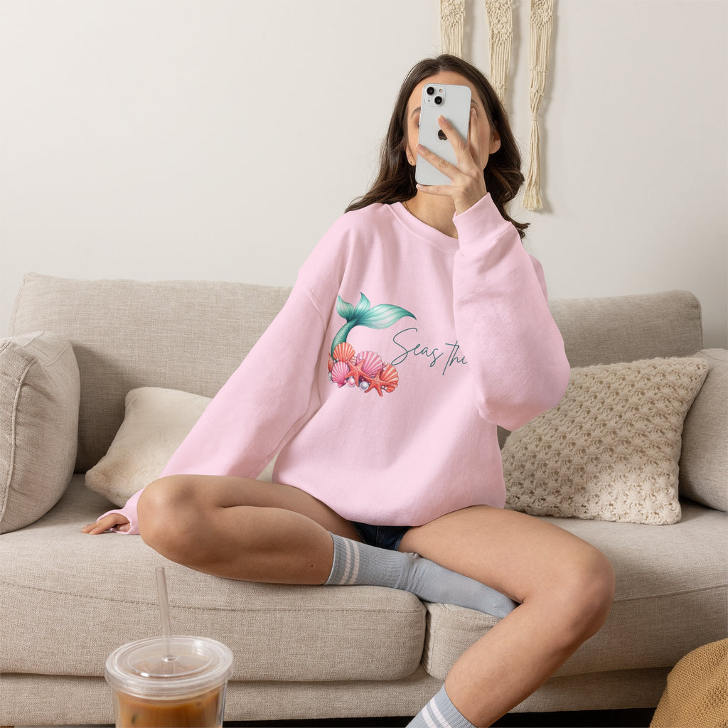 Seas the Day Mermaid Tail Sweatshirt — Coastal Beach Vibes with Seashells
