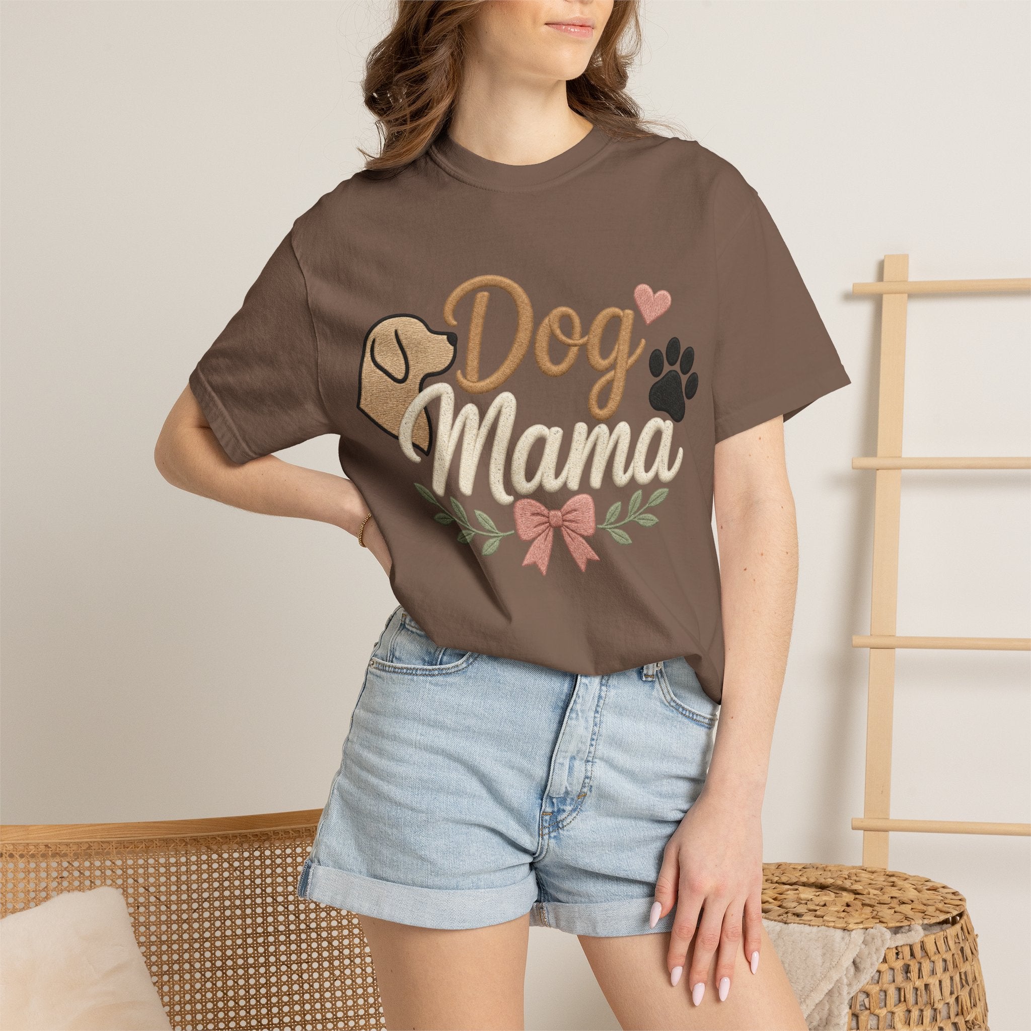 Dog Mama Paw Print embroidered patchwork T-shirt | Dog Mom Shirt