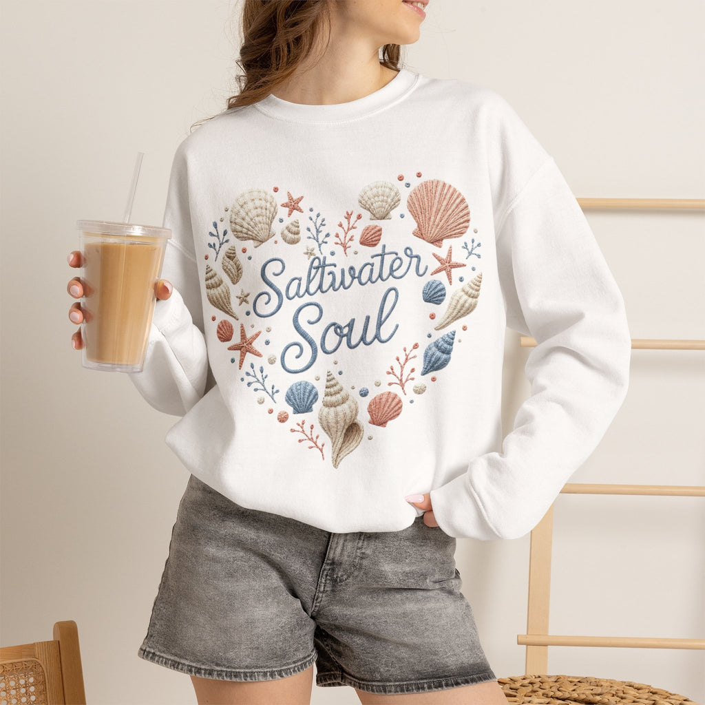 Saltwater Soul Heart Seashell Sweatshirt — Coastal Beach Shell Crewneck