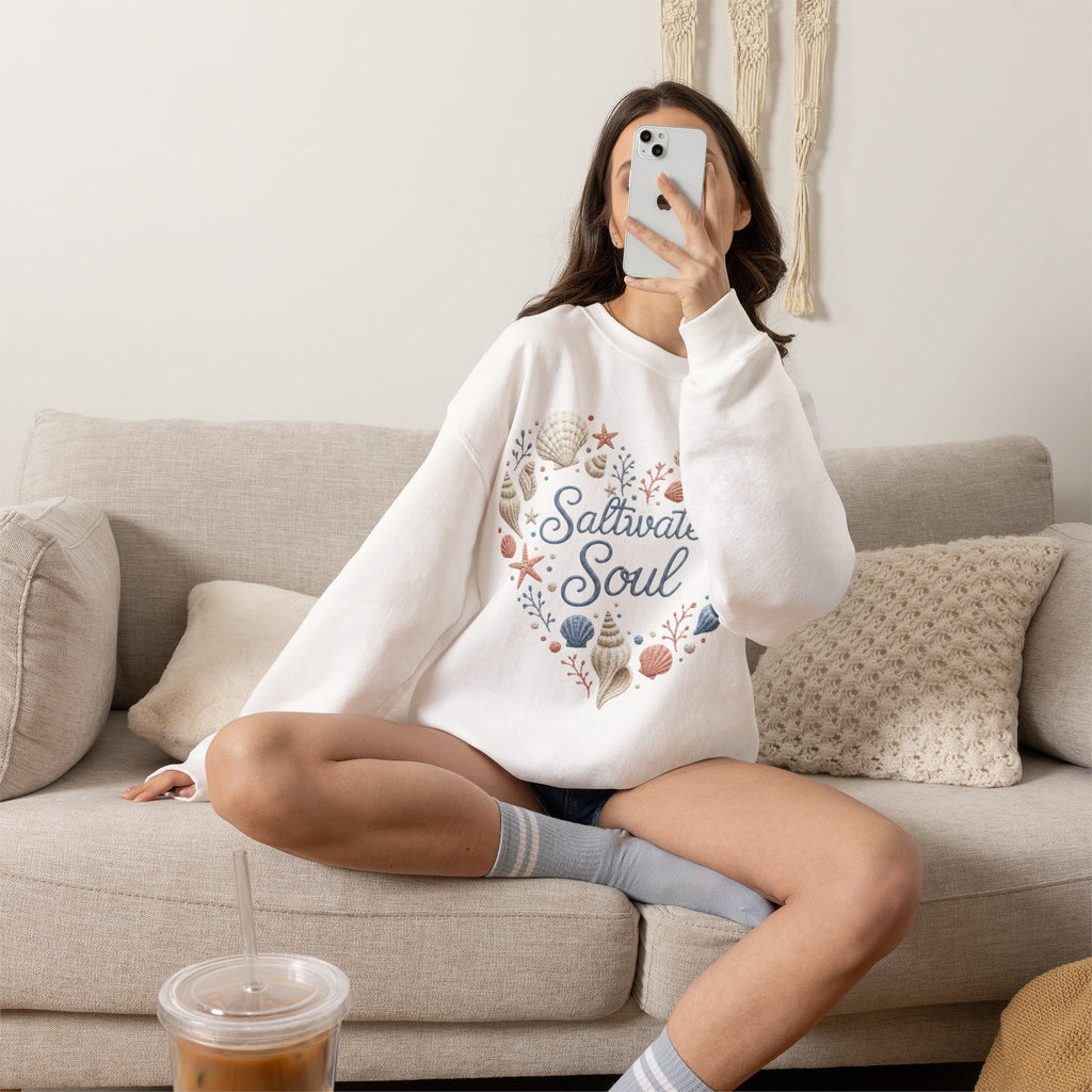 Saltwater Soul Heart Seashell Sweatshirt — Coastal Beach Shell Crewneck