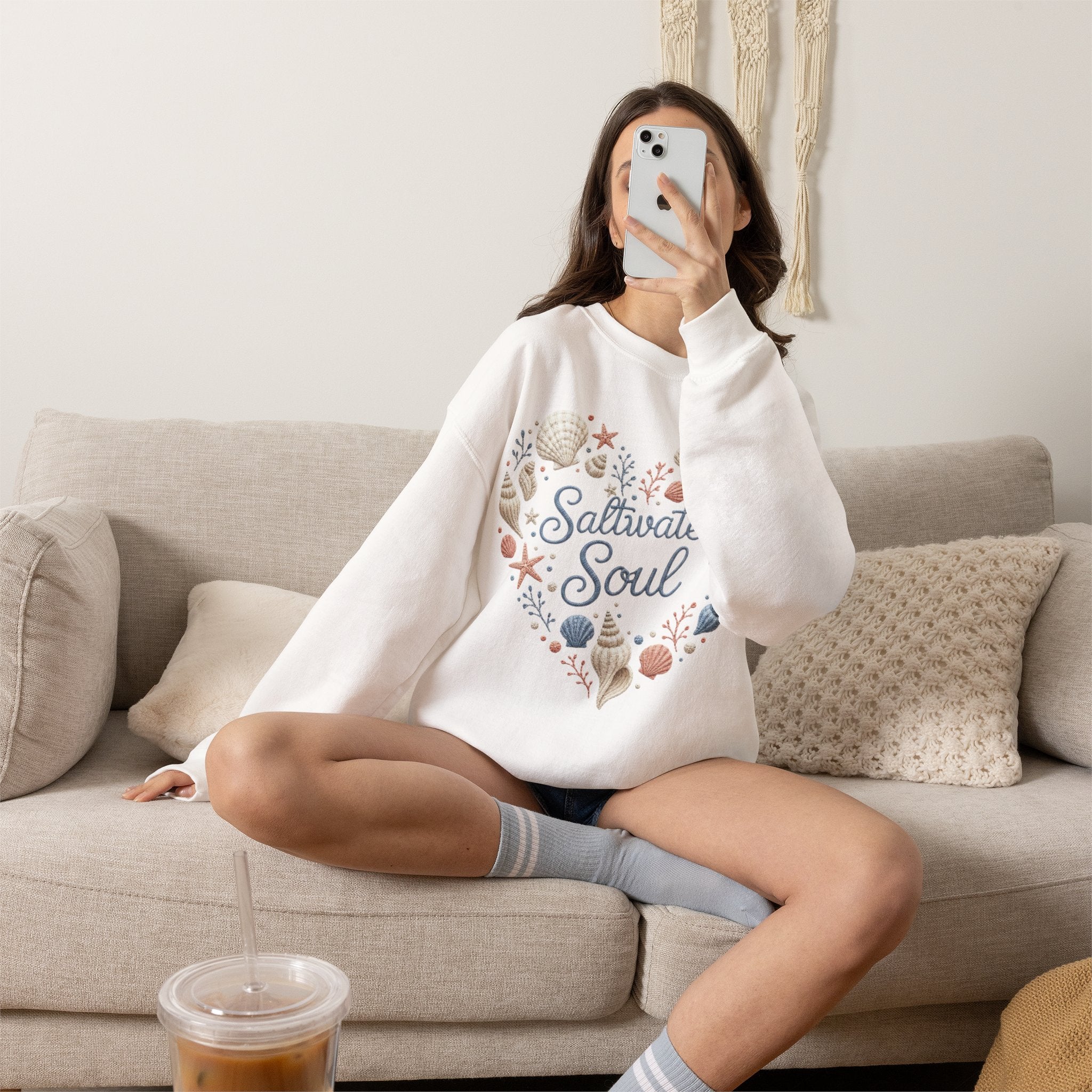 Saltwater Soul Heart Seashell Sweatshirt — Coastal Beach Shell Crewneck