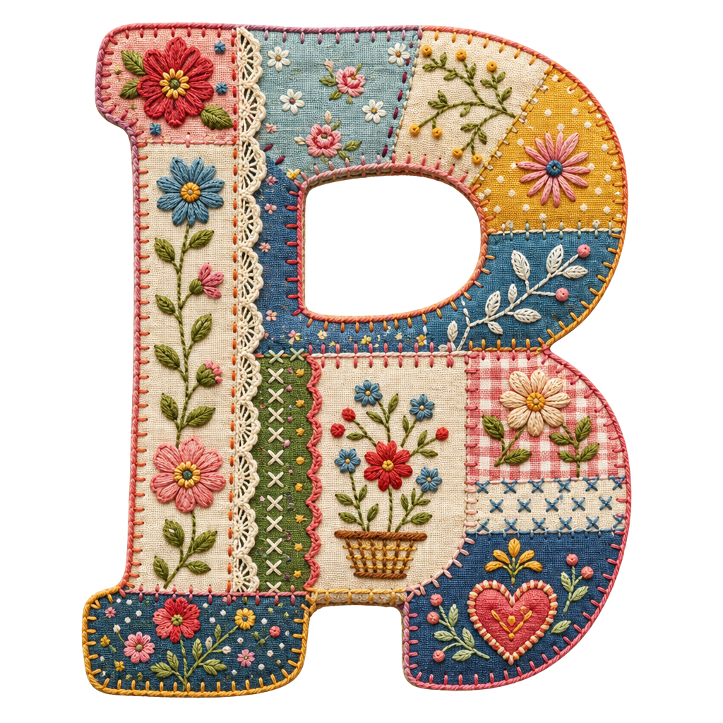 Patchwork Floral Alphabet PNG Bundle – Embroidered Cottagecore Letter Digital Download Set