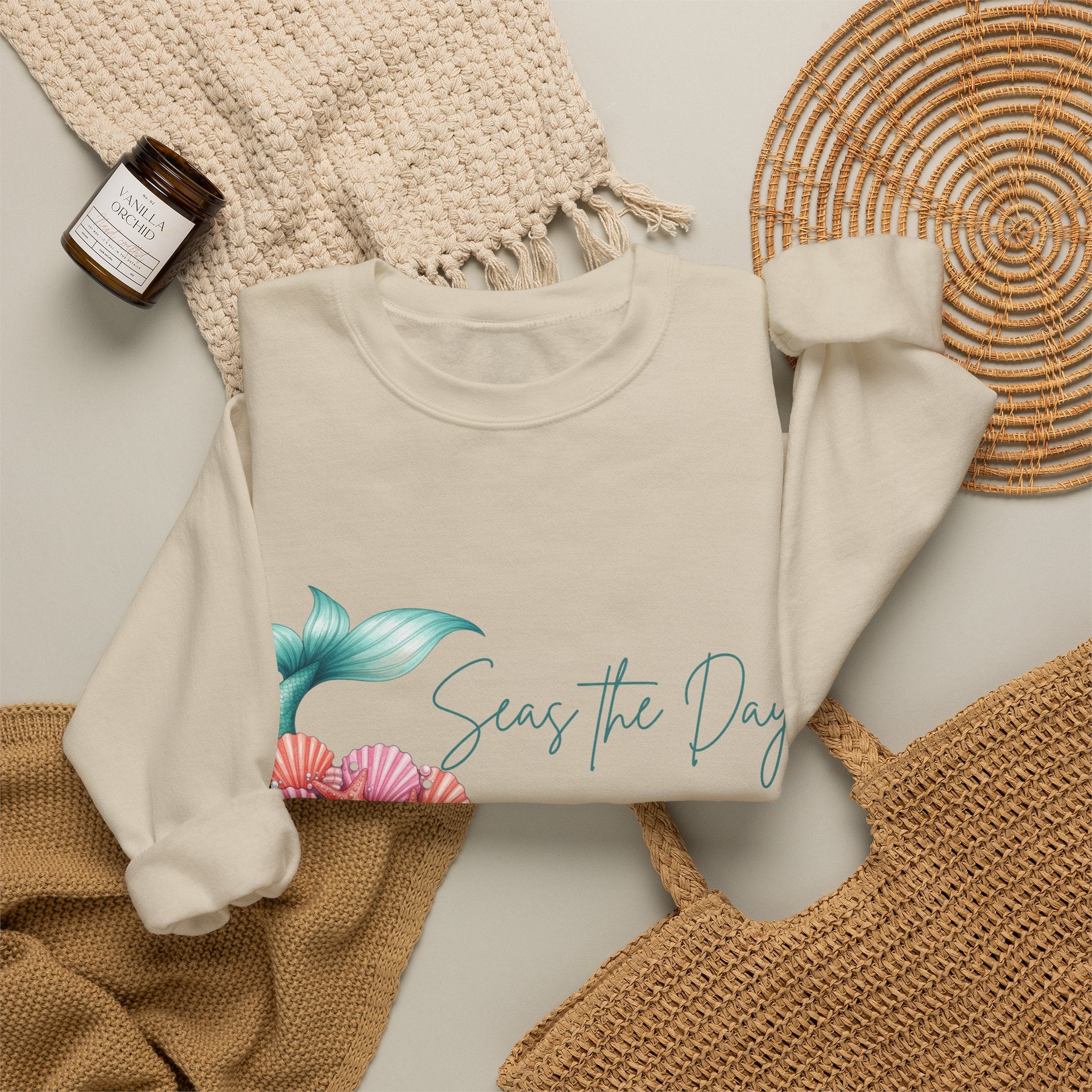 Seas the Day Mermaid Tail Sweatshirt — Coastal Beach Vibes with Seashells