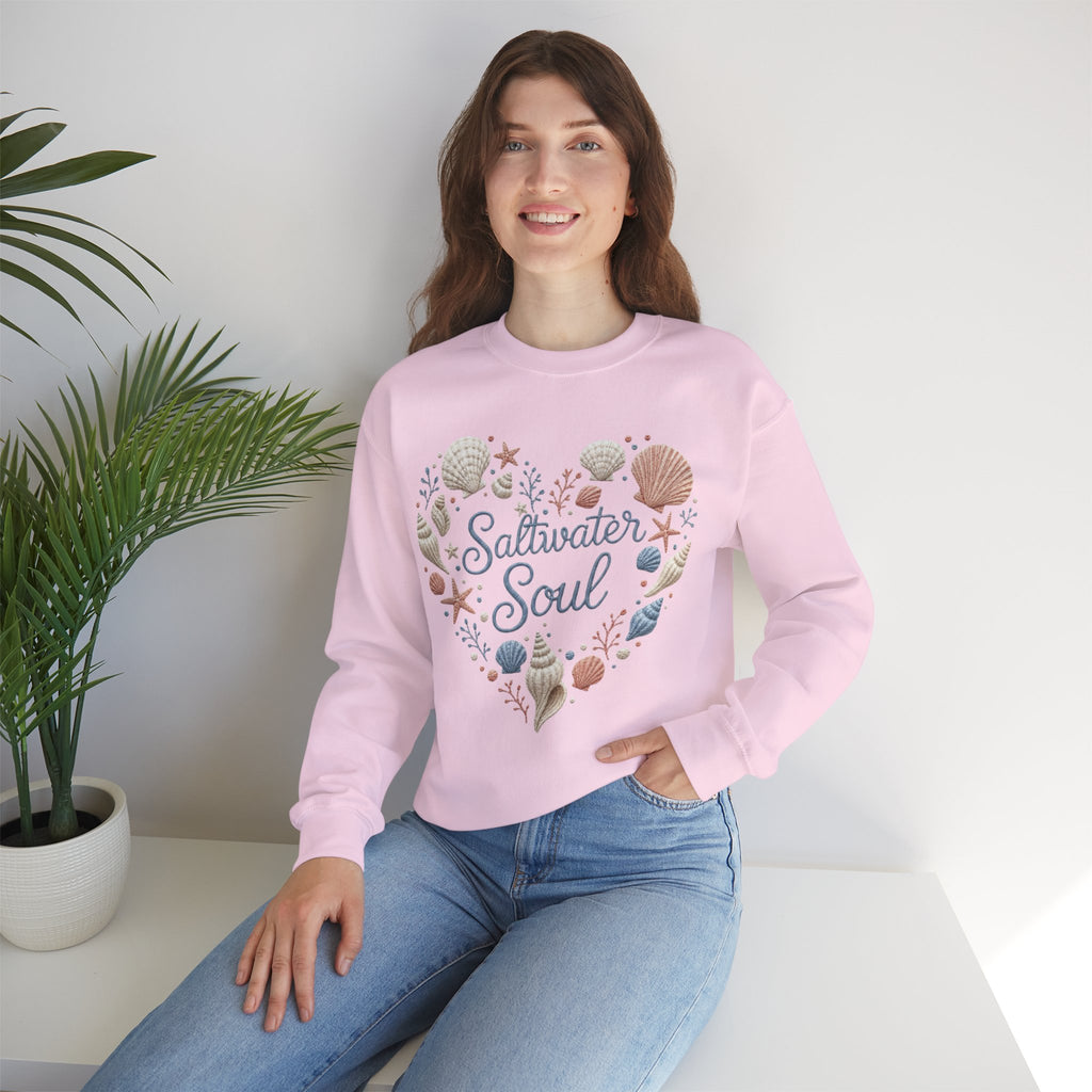 Saltwater Soul Heart Seashell Sweatshirt — Coastal Beach Shell Crewneck