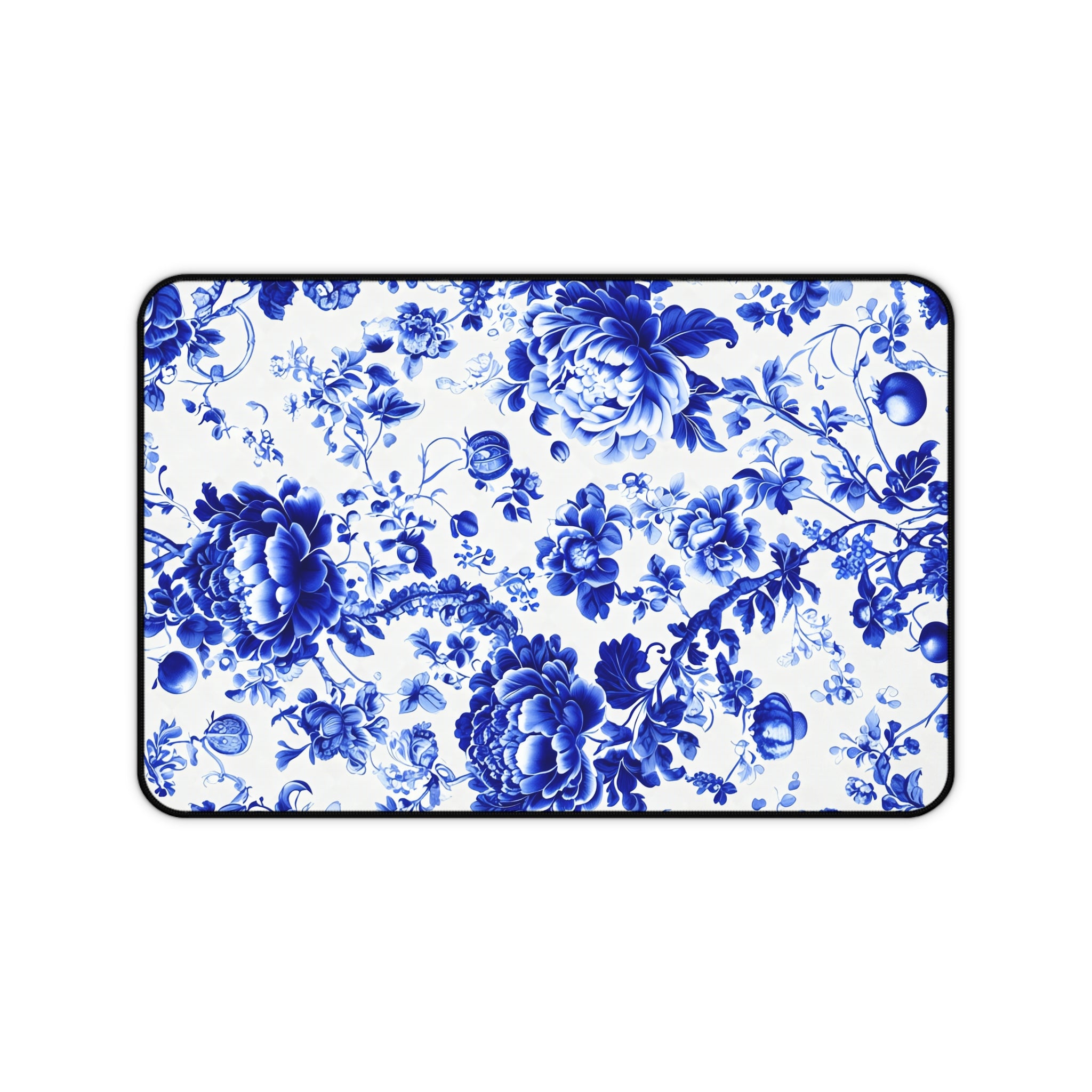 Blue Floral Porcelain Desk Mat, Vintage China Inspired Neoprene Desk Pad, Cottagecore Office Mouse Pad, Elegant Blue and White Workspace Mat