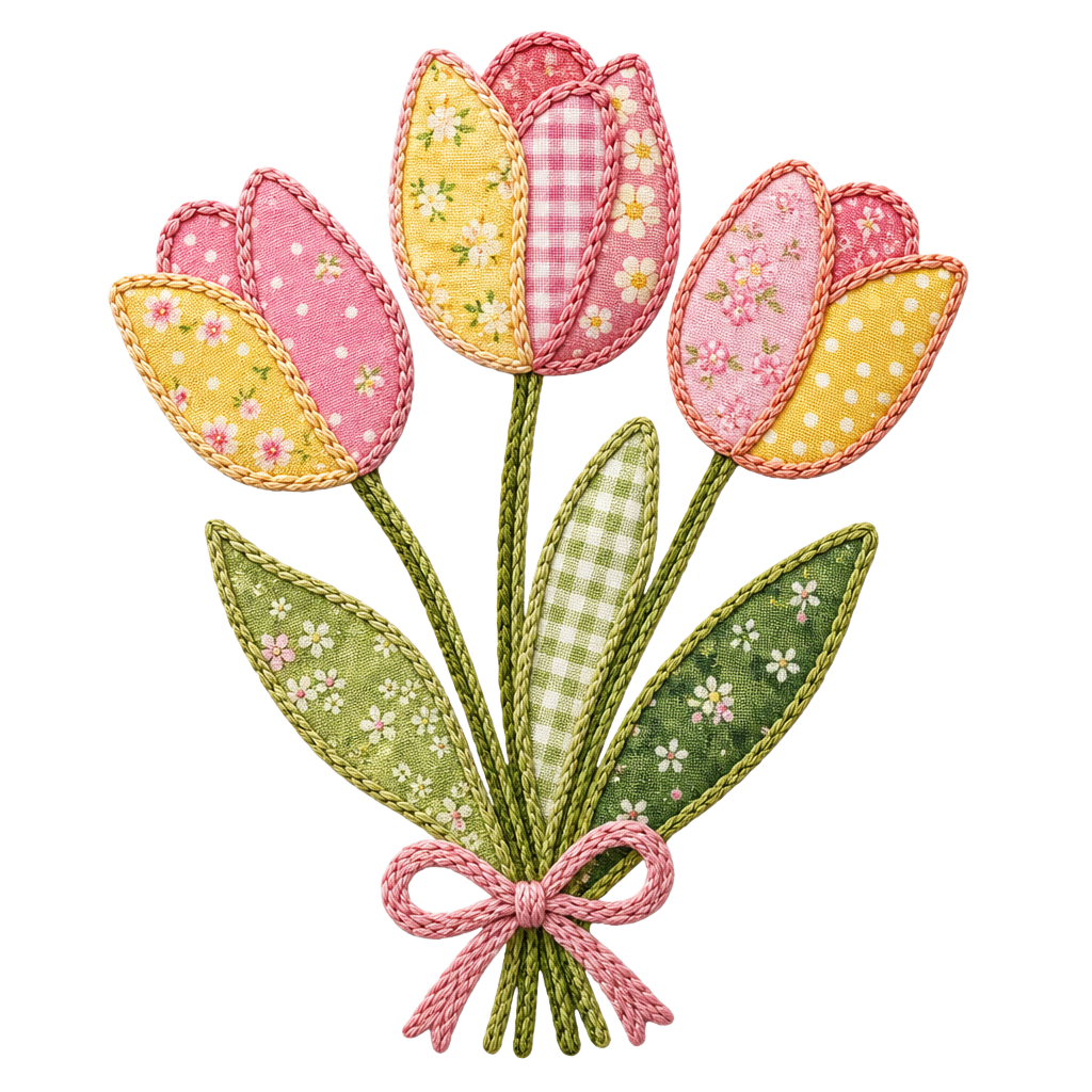 Patchwork Tulip PNG Bundle – Embroidered Cottagecore Floral Digital Download Set