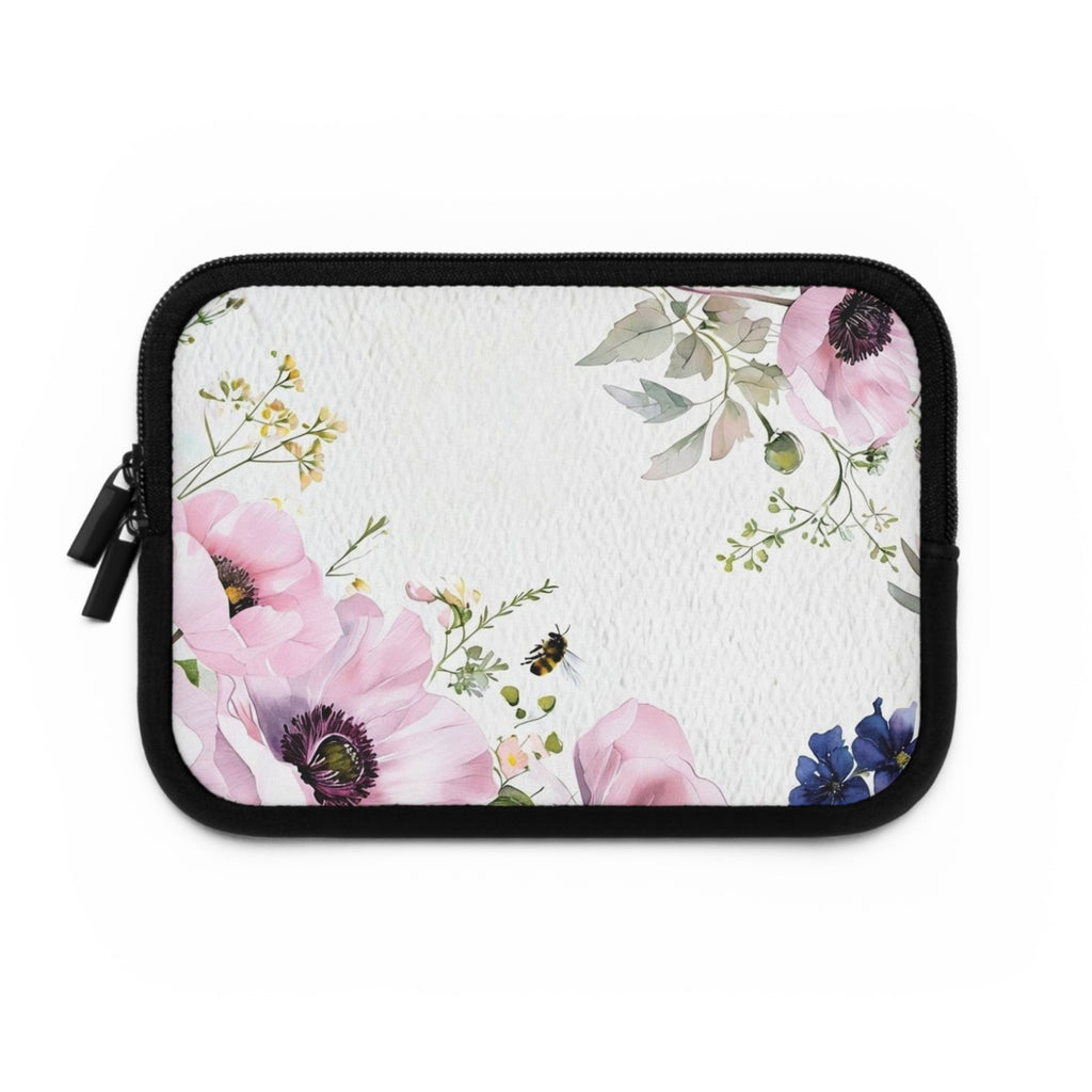 Pink Anemone Floral Laptop Sleeve | Watercolor Bee Tech Cover for Women