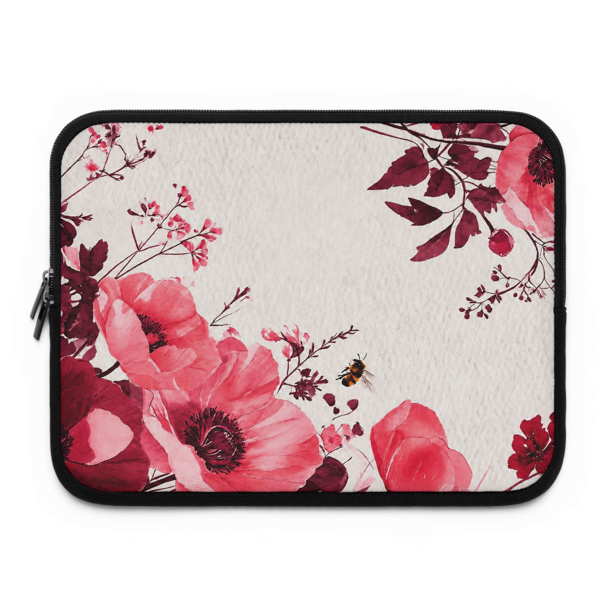 Pink Poppy Watercolor Laptop Sleeve | Floral Bee Tech Cover for Women