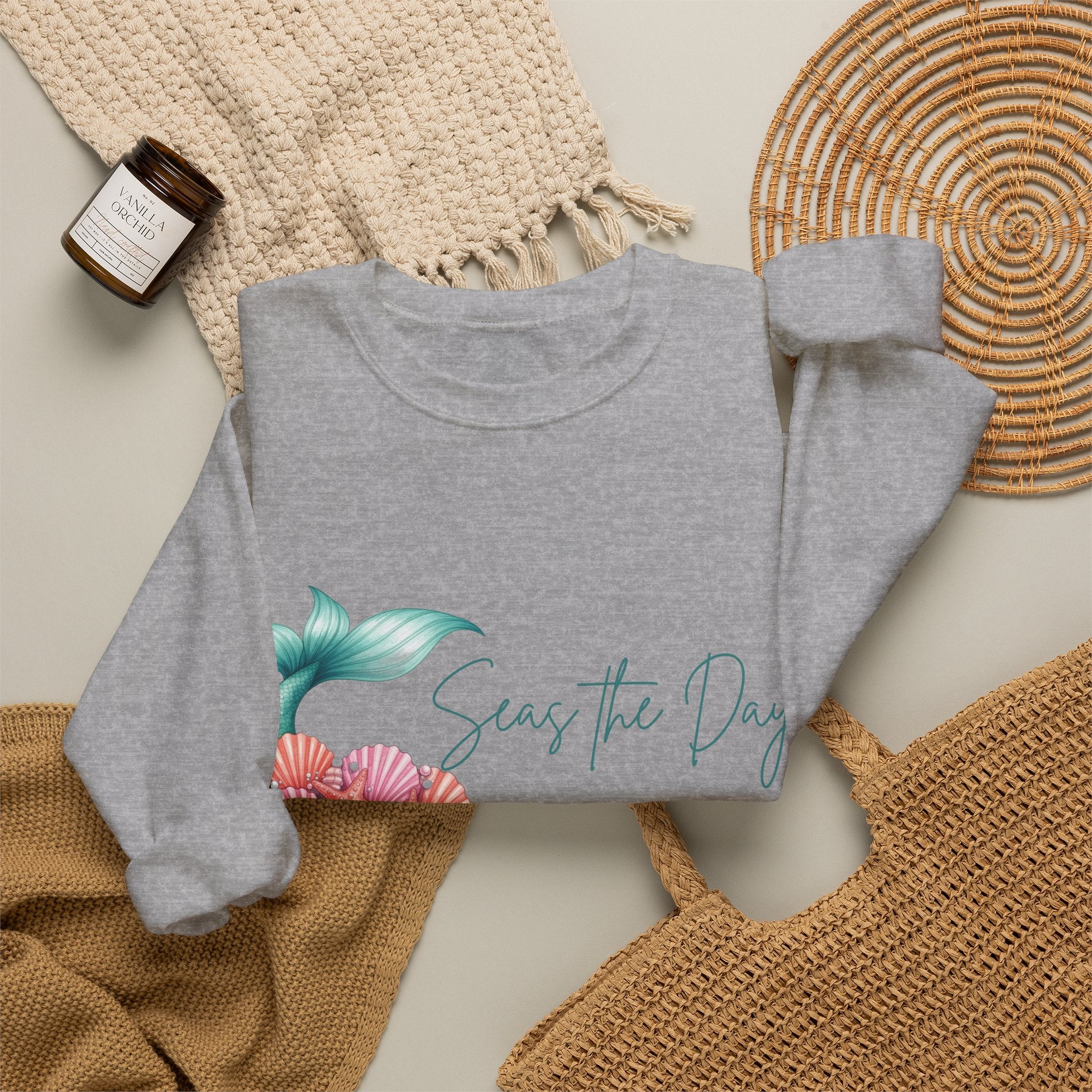 Seas the Day Mermaid Tail Sweatshirt — Coastal Beach Vibes with Seashells