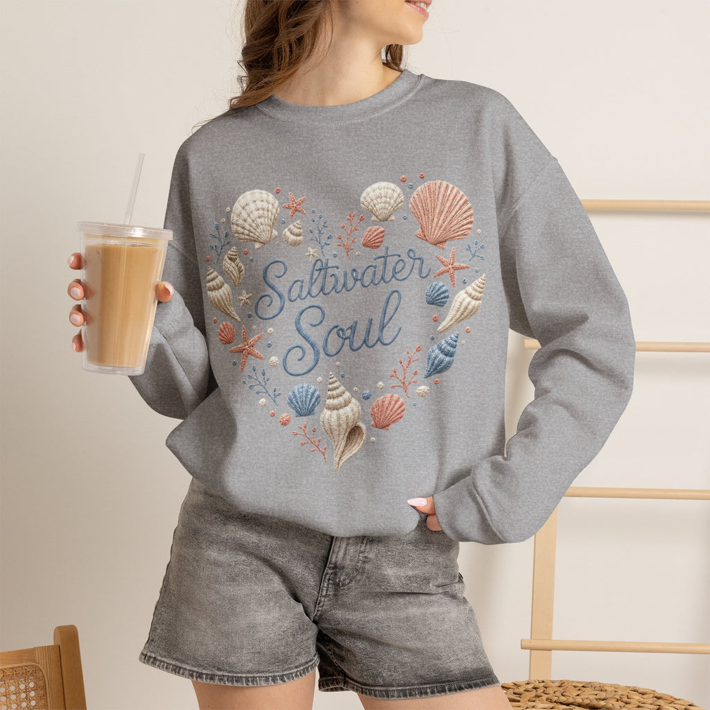 Saltwater Soul Heart Seashell Sweatshirt — Coastal Beach Shell Crewneck