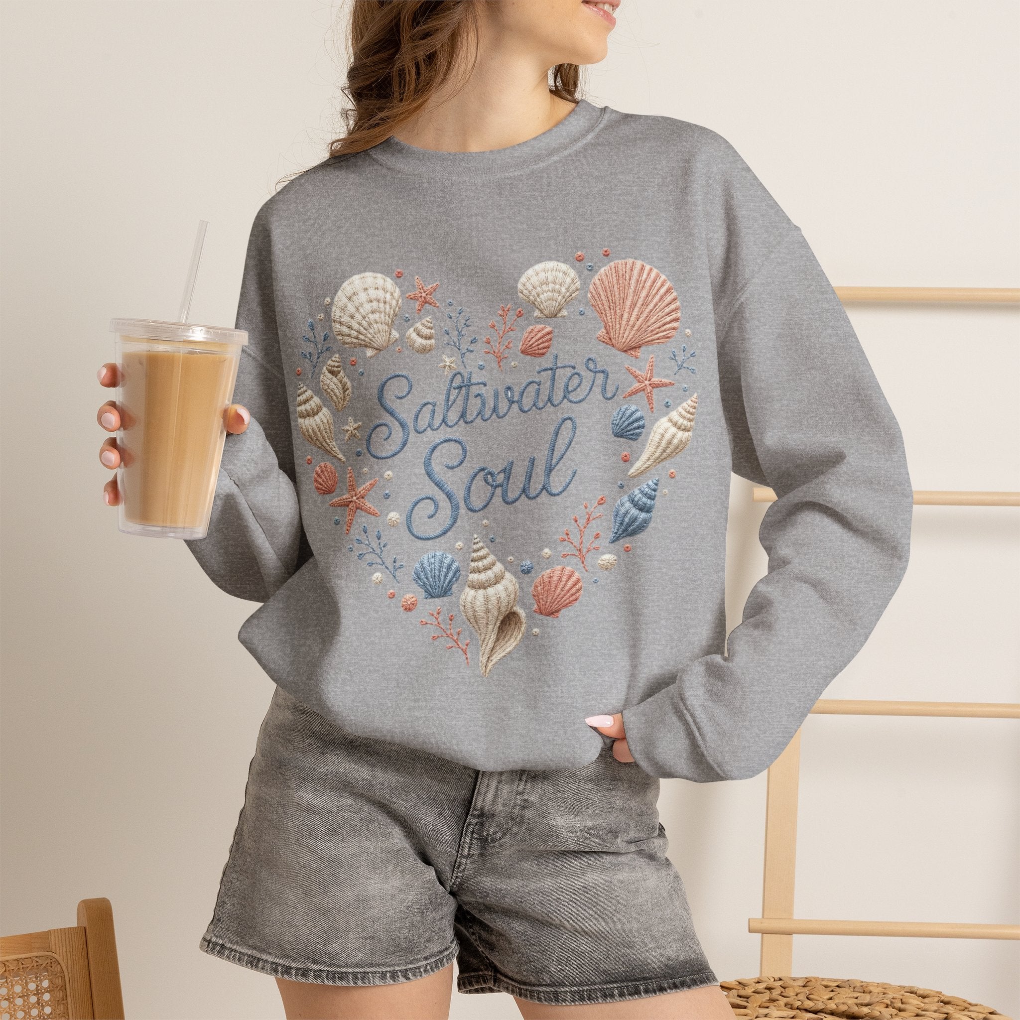 Saltwater Soul Heart Seashell Sweatshirt — Coastal Beach Shell Crewneck
