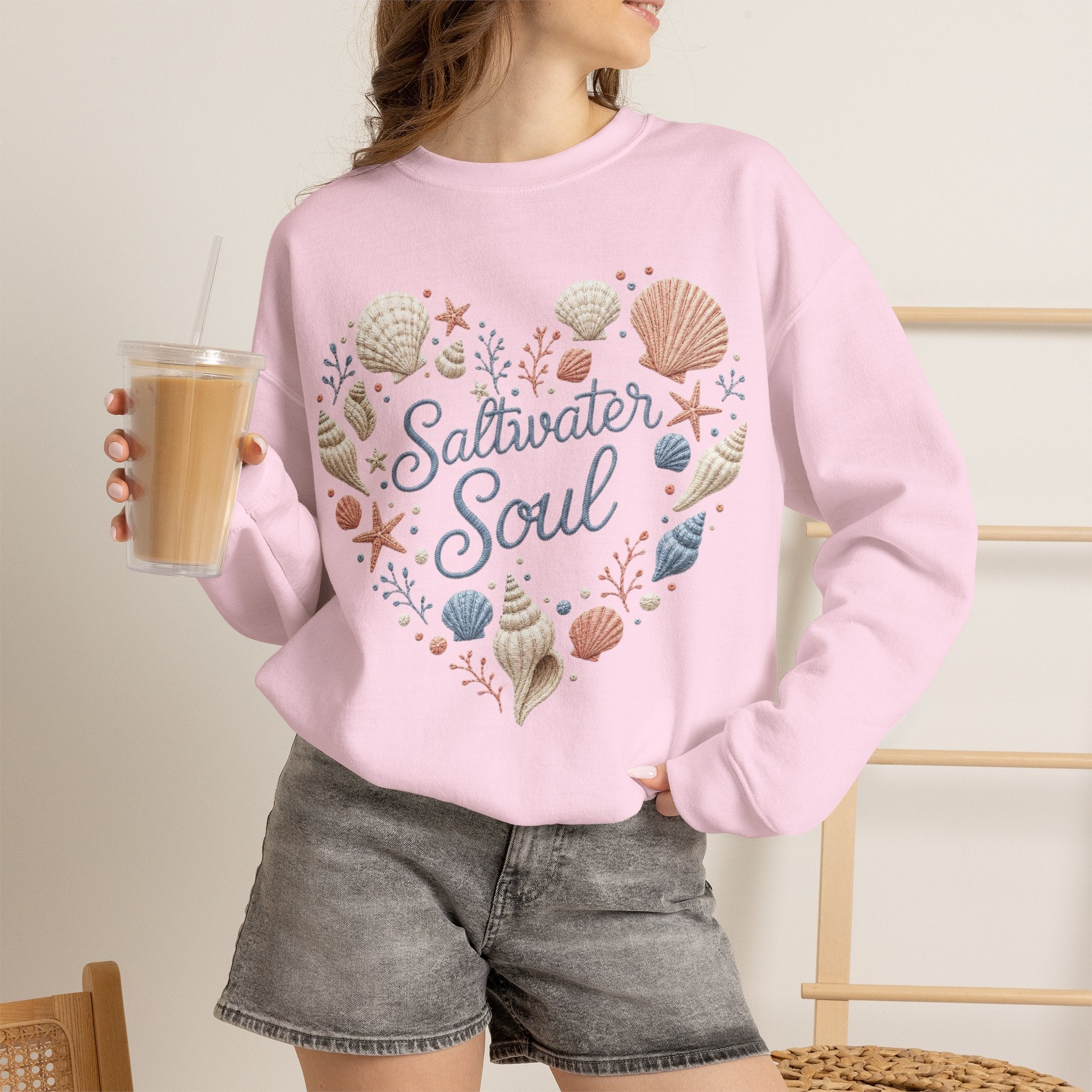 Saltwater Soul Heart Seashell Sweatshirt — Coastal Beach Shell Crewneck