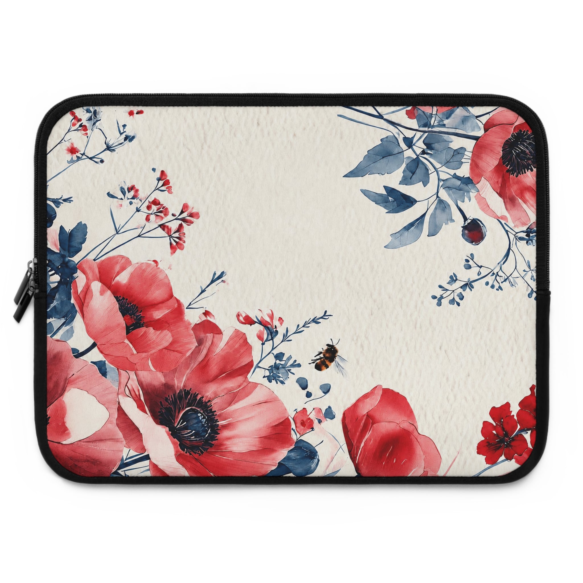 Red Poppy Watercolor Laptop Sleeve | Floral Bee Botanical Tech Cover