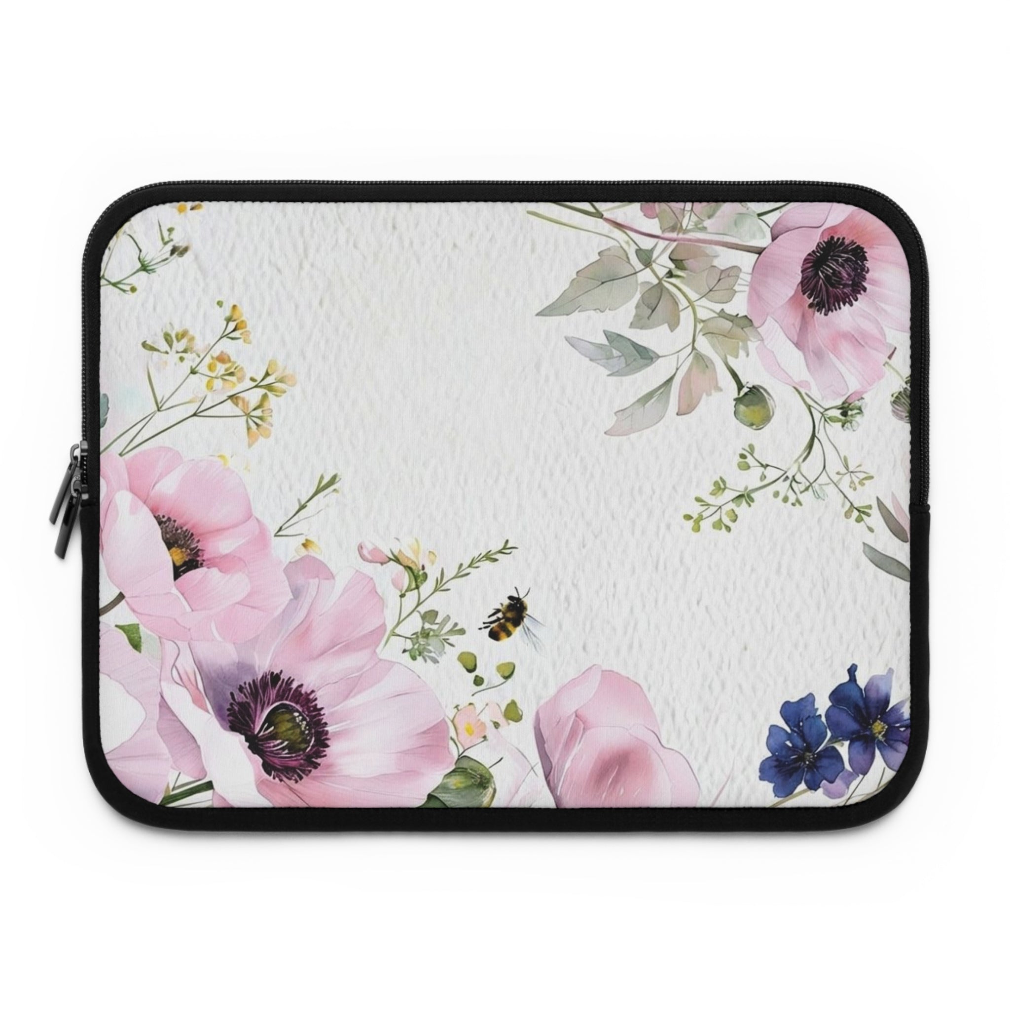 Pink Anemone Floral Laptop Sleeve | Watercolor Bee Tech Cover for Women