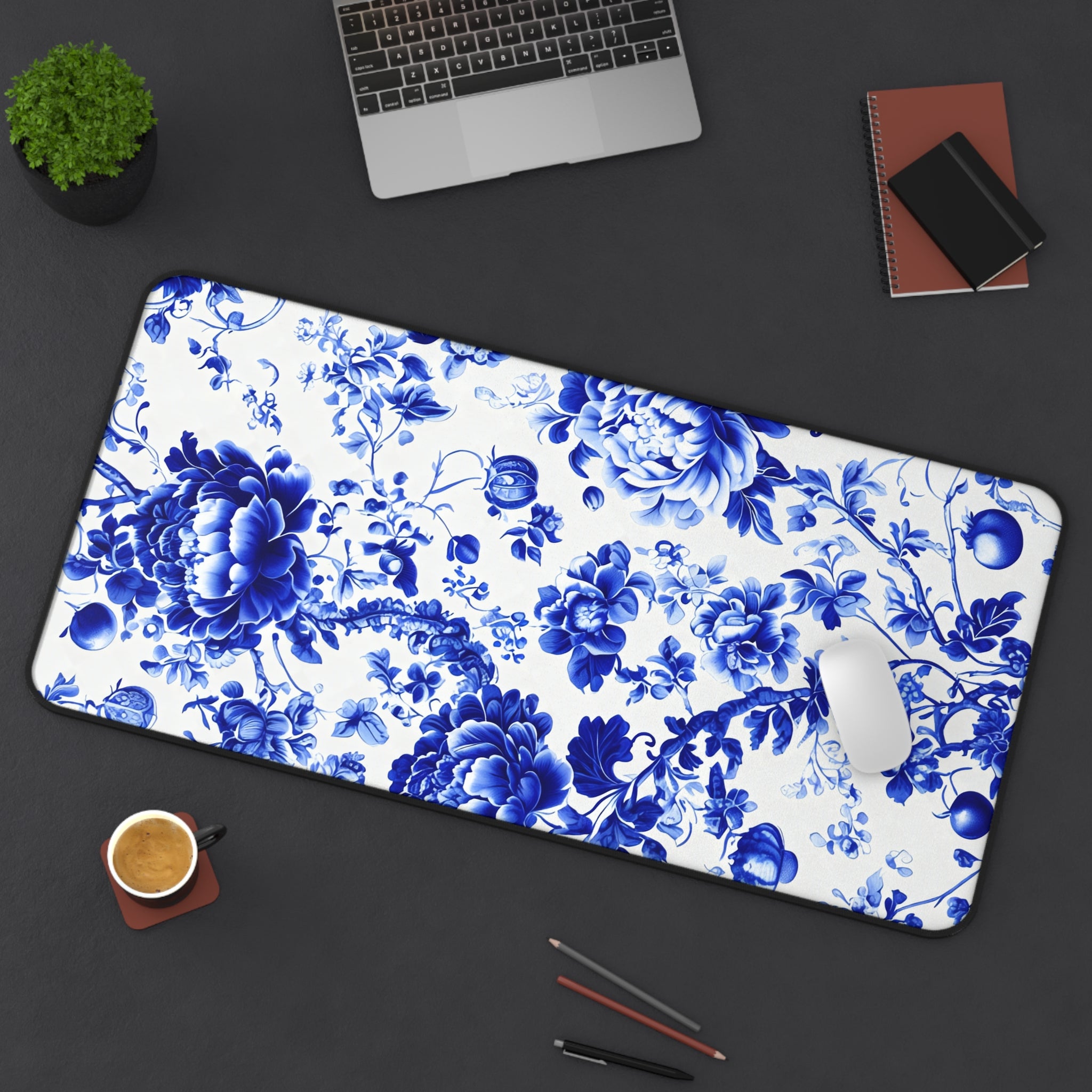 Blue Floral Porcelain Desk Mat, Vintage China Inspired Neoprene Desk Pad, Cottagecore Office Mouse Pad, Elegant Blue and White Workspace Mat