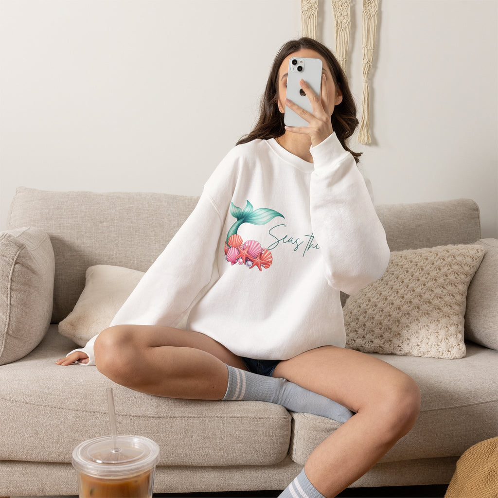 Seas the Day Mermaid Tail Sweatshirt — Coastal Beach Vibes with Seashells