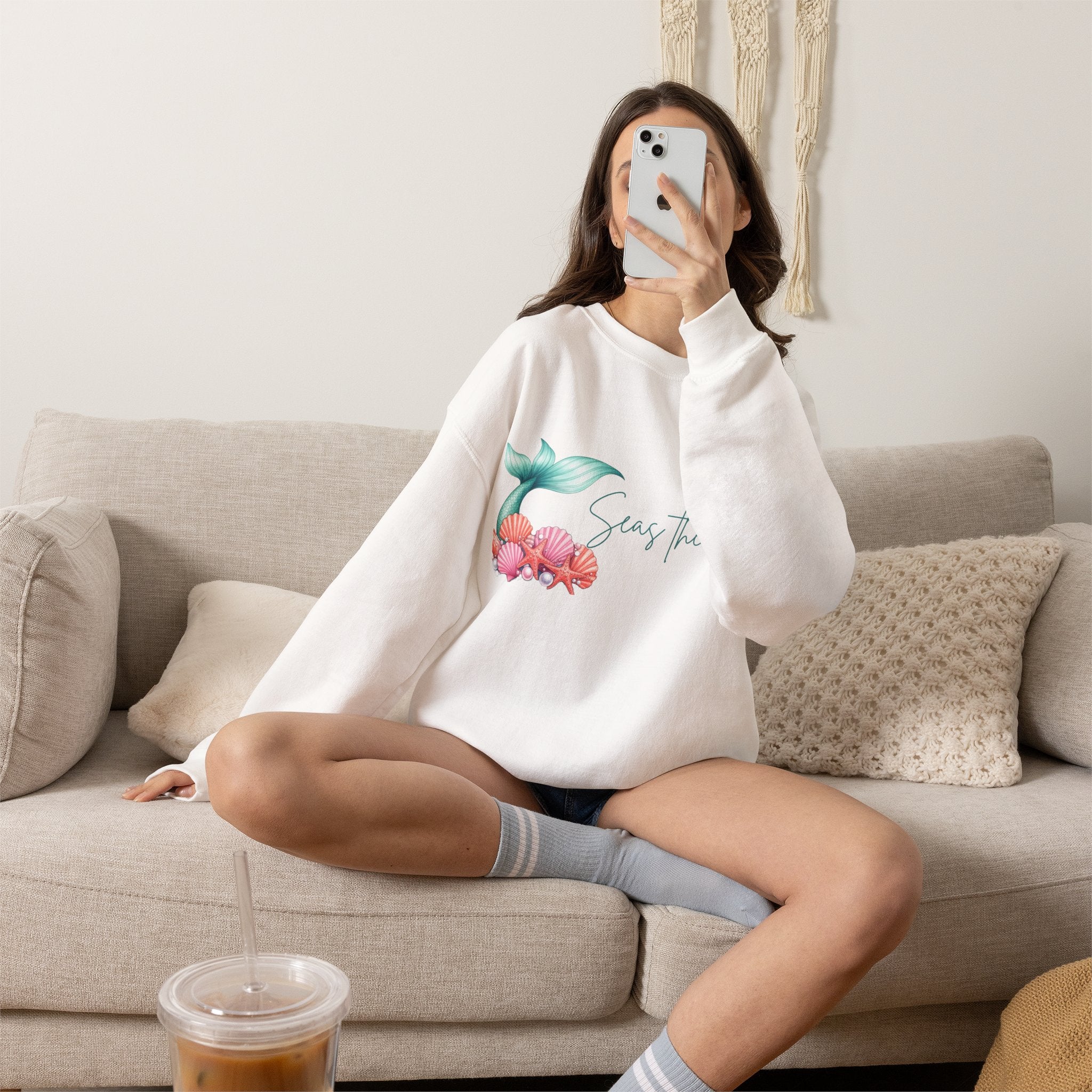 Seas the Day Mermaid Tail Sweatshirt — Coastal Beach Vibes with Seashells