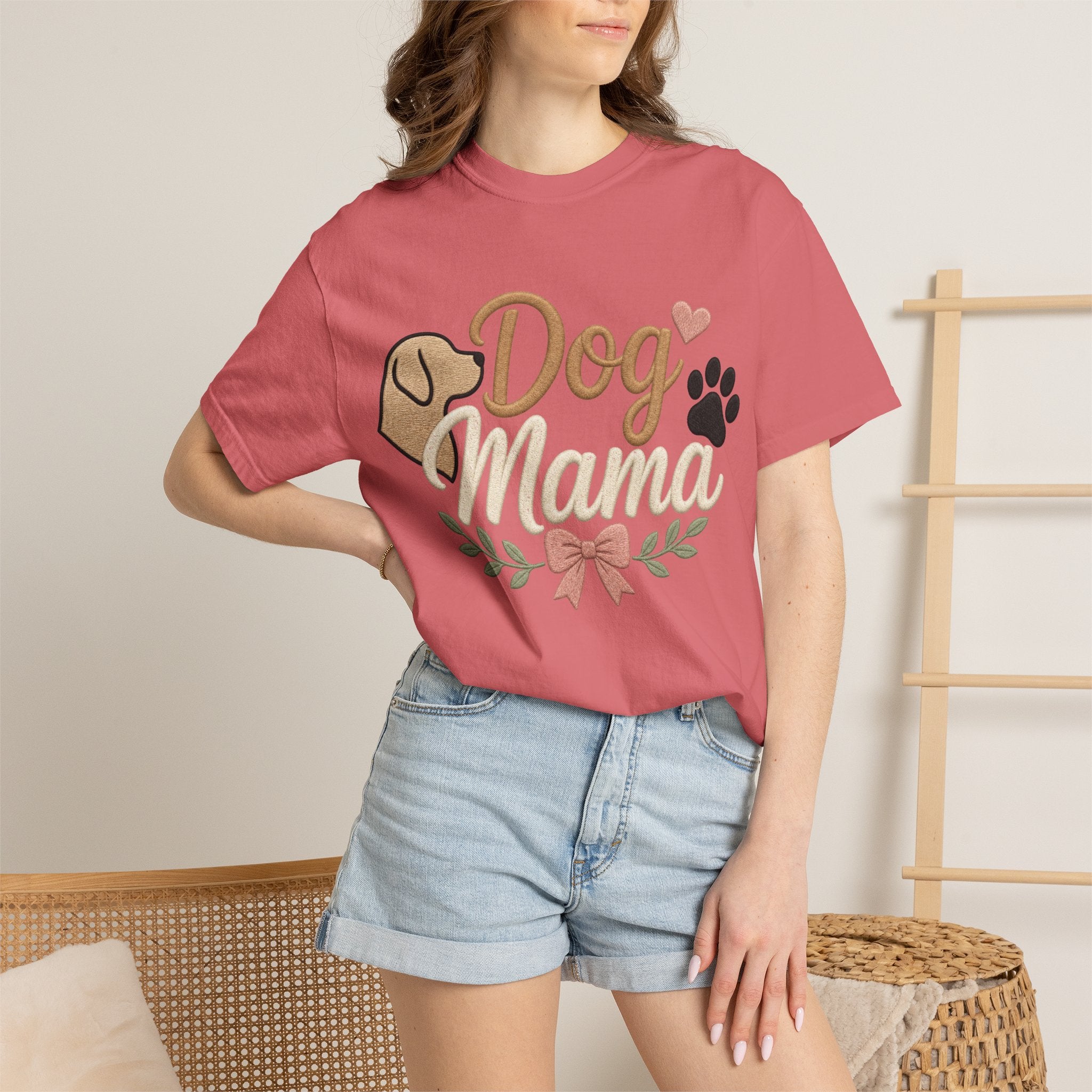Dog Mama Paw Print embroidered patchwork T-shirt | Dog Mom Shirt