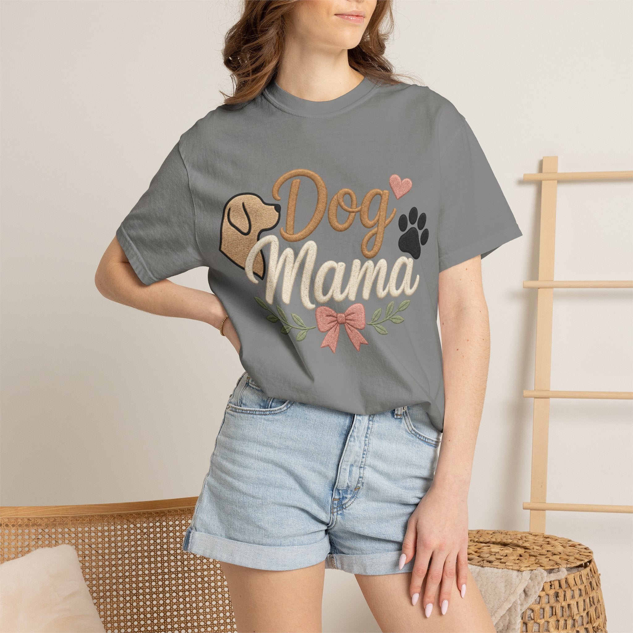 Dog Mama Paw Print embroidered patchwork T-shirt | Dog Mom Shirt