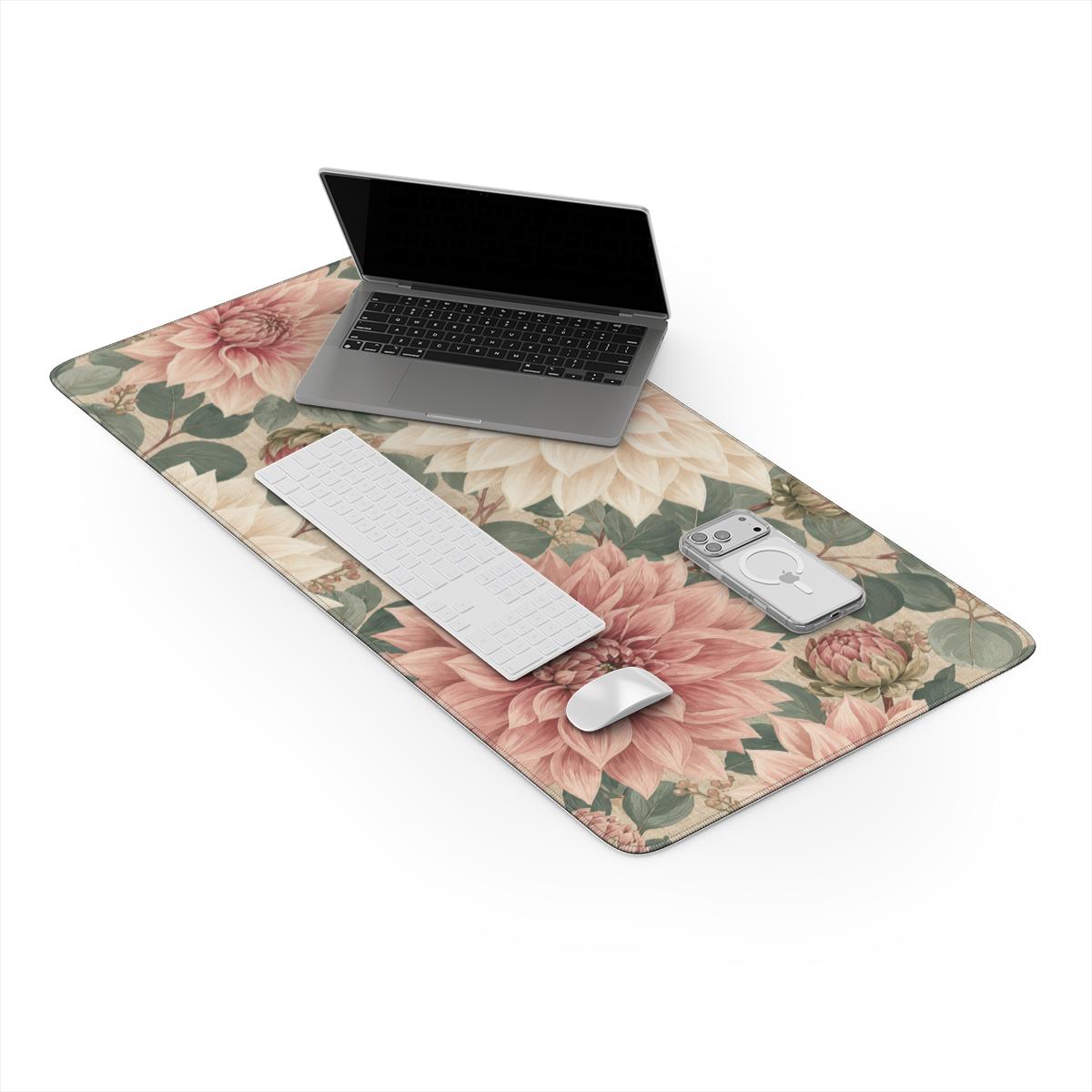 Heirloom Dahlia Garden Desk Mat — Vintage Botanical Cottagecore Office Mouse Pad